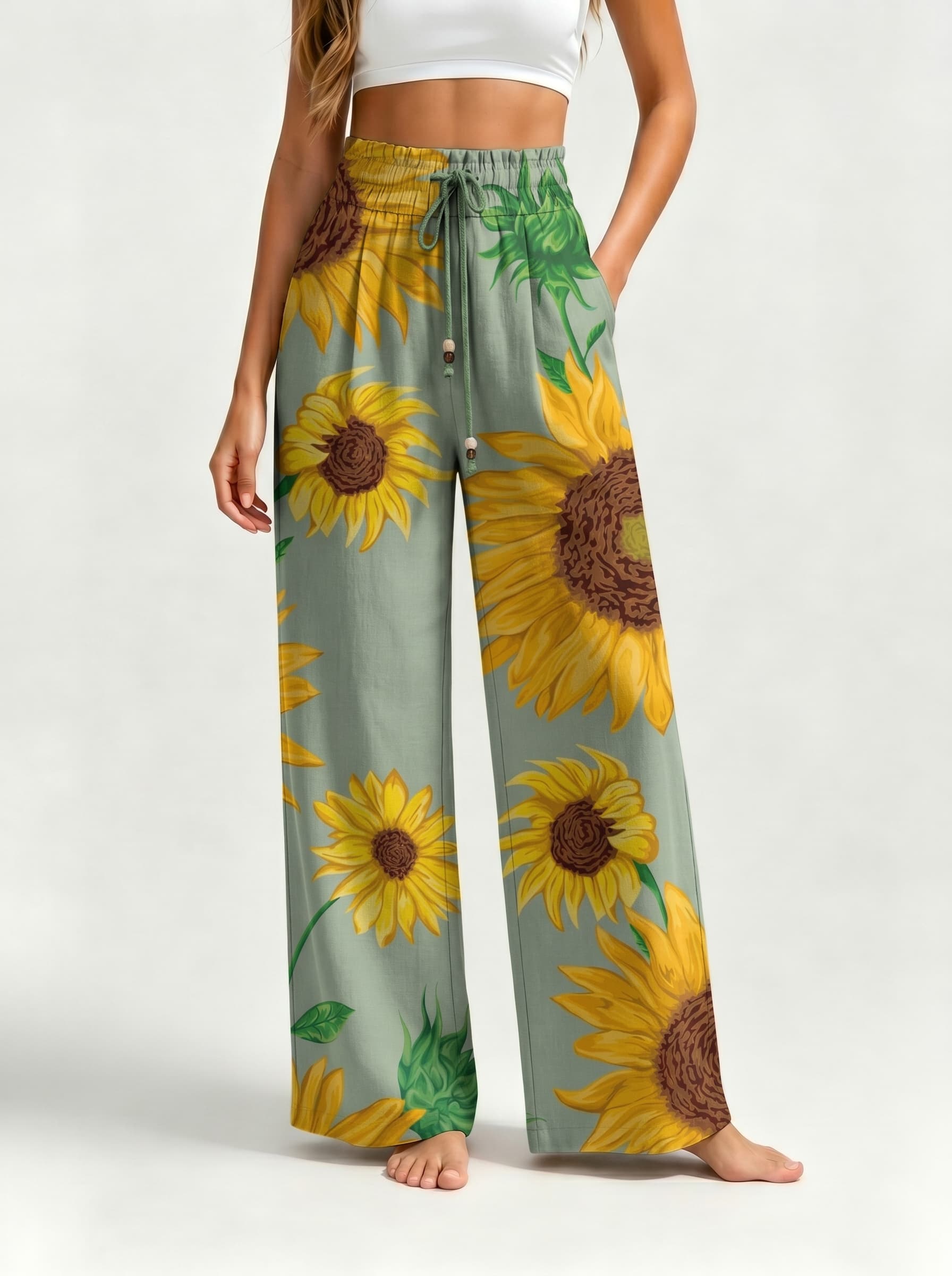 Sage Green Sunflower Oil Painting Drawstring Wide Leg Trousers