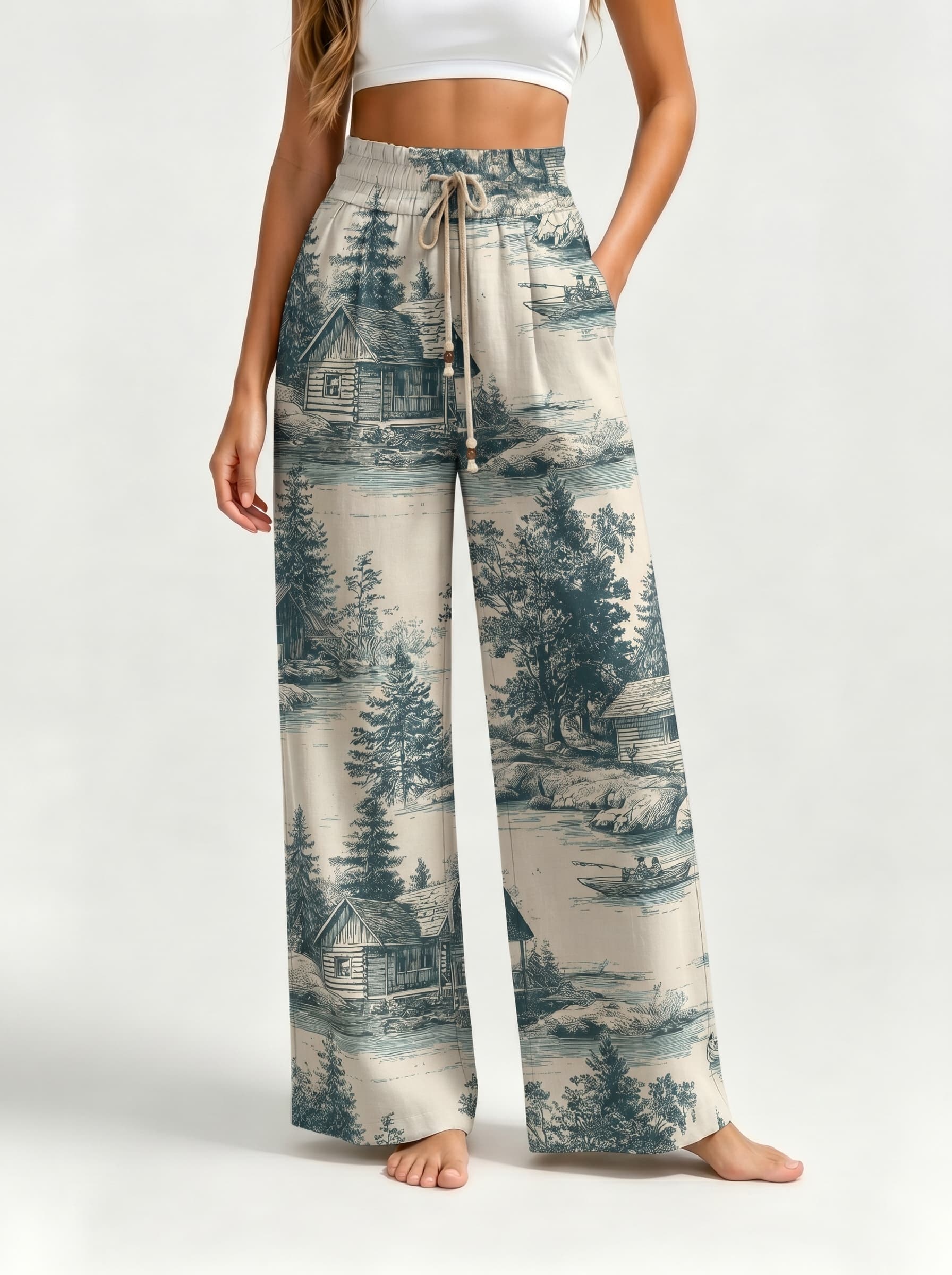 Lake Cabin Forest Landscape Toile Drawstring Wide Leg Trousers