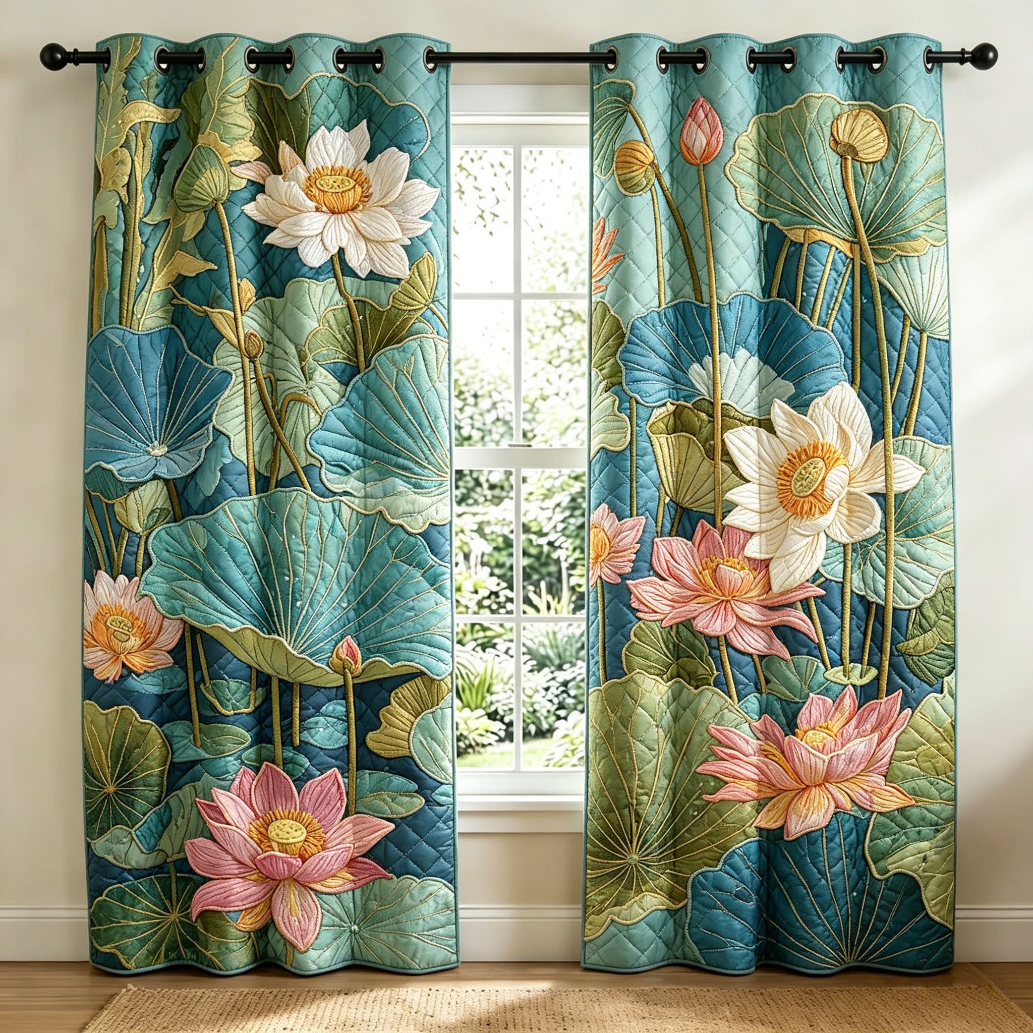 Lotus Pond Serenity Embroidered Knitwear Quilting Curtains