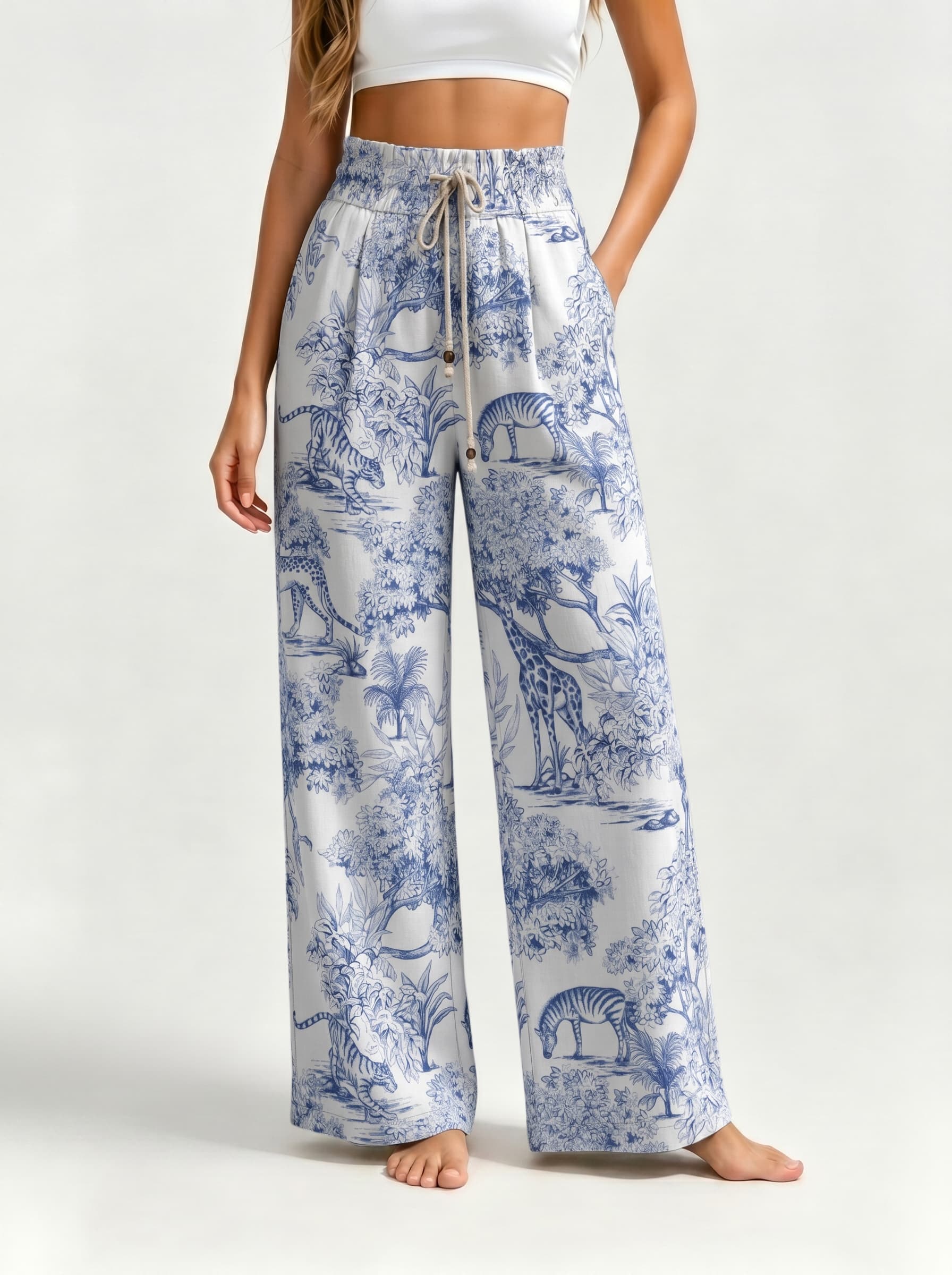 Blue Safari Animal Jungle Toile Print Drawstring Wide Leg Trousers