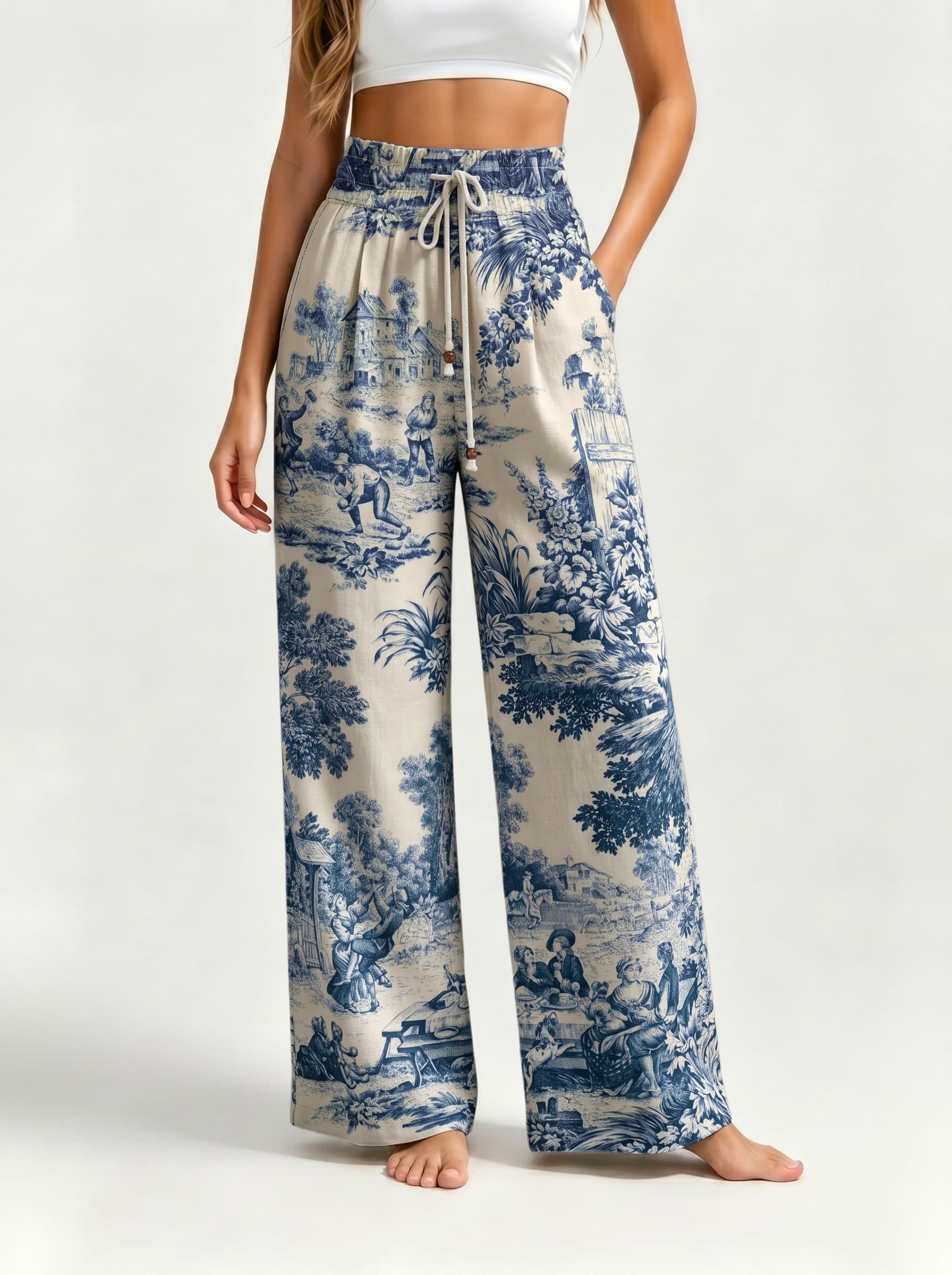 French Countryside Scene Toile De Jouy Drawstring Wide Leg Trousers