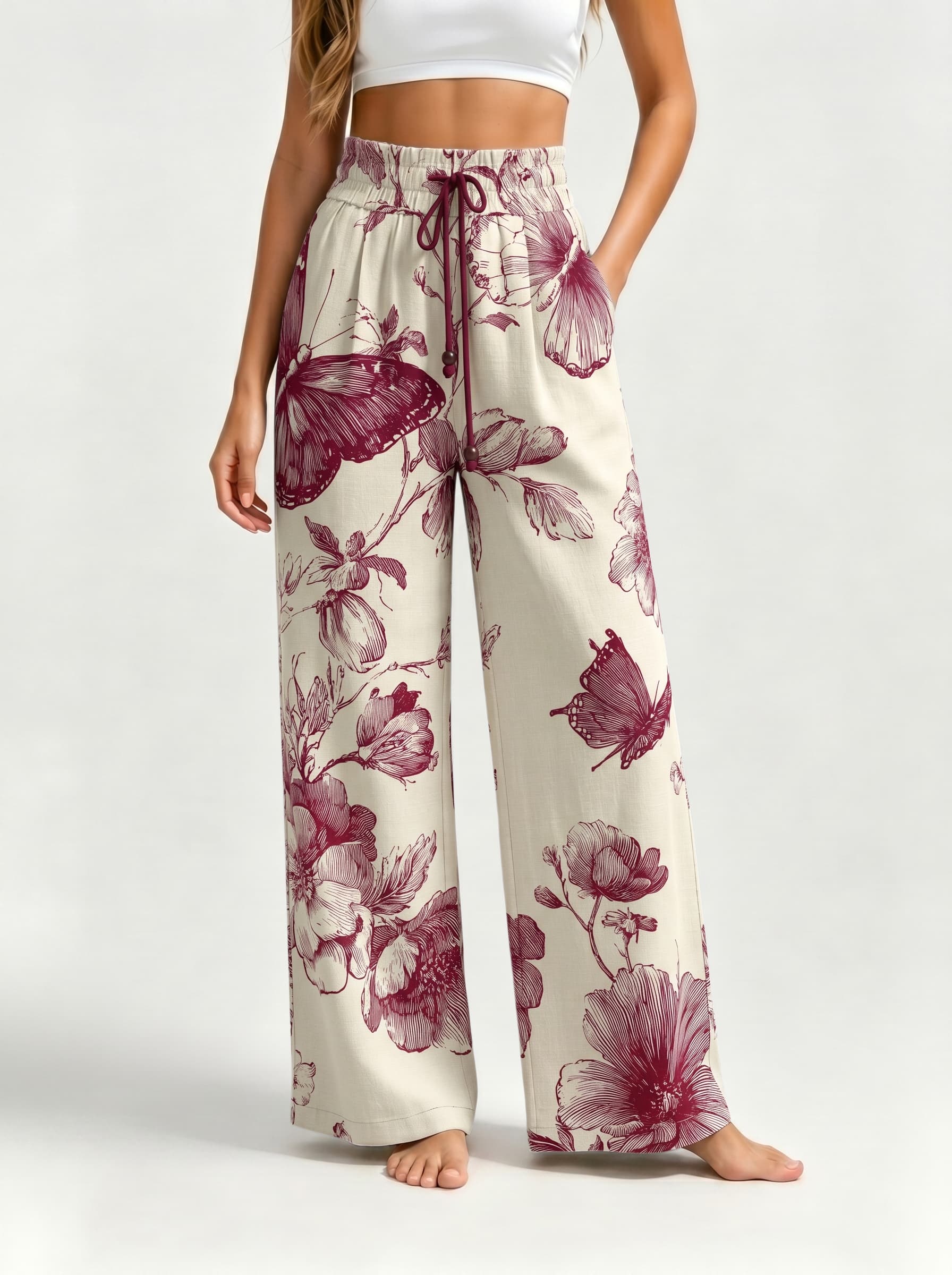 Burgundy Butterfly Floral Sketch Print Drawstring Wide Leg Trousers
