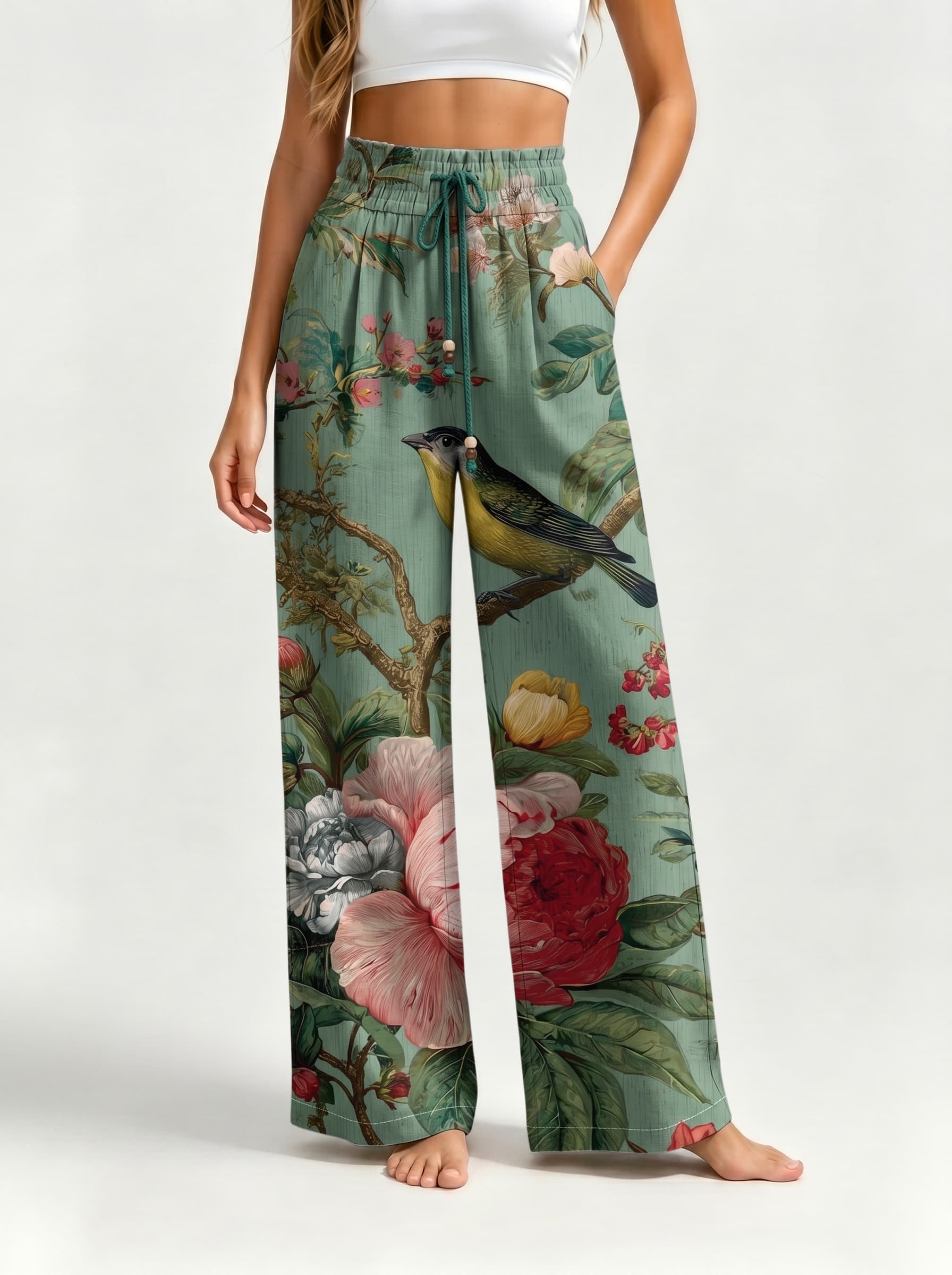 Mint Green Bird Peony Vintage Floral Drawstring Wide Leg Trousers
