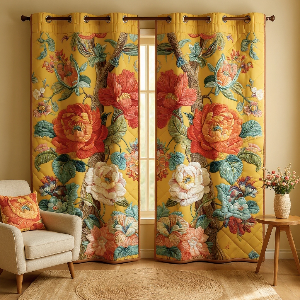 Luxury Yellow Background Peony Bouquet Embroidered Knitwear Quilted Curtains