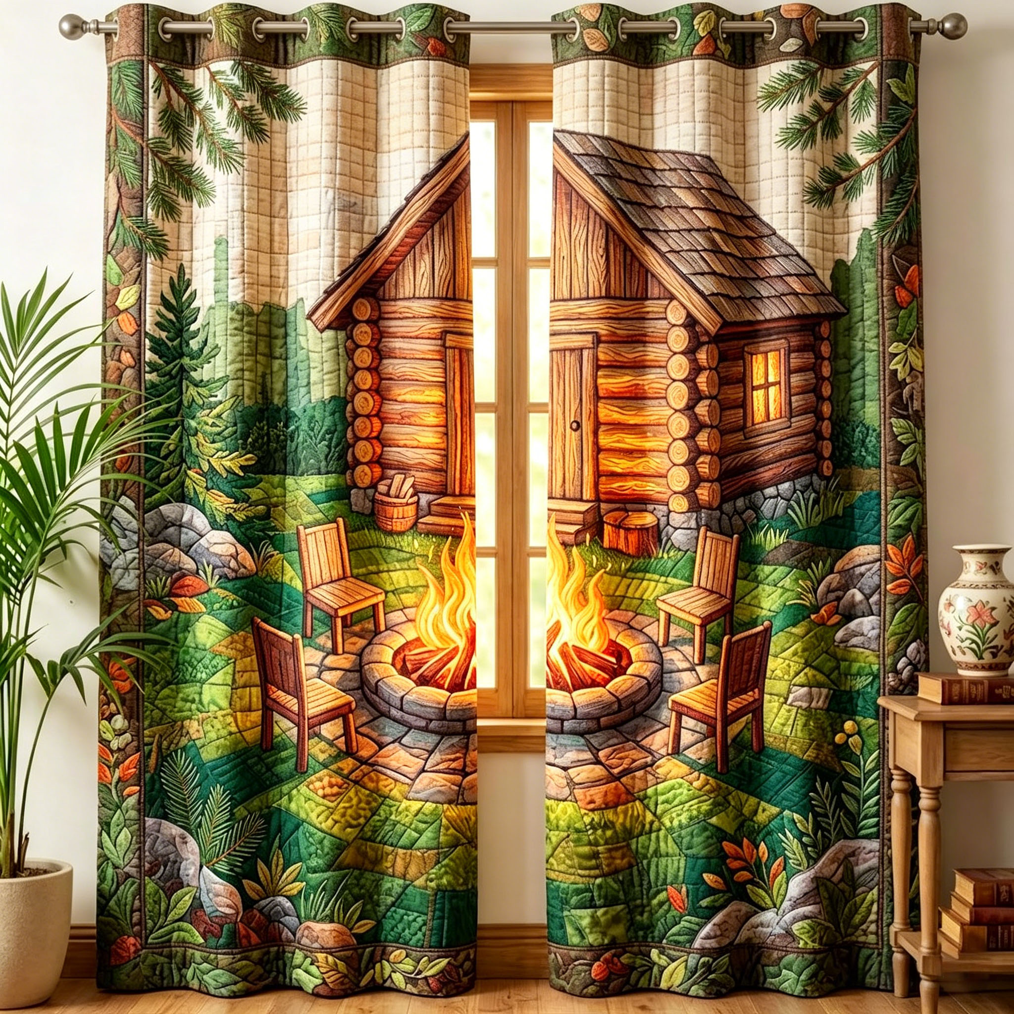 Cabin Campfire Forest Embroidered Knitwear Quilting Curtains