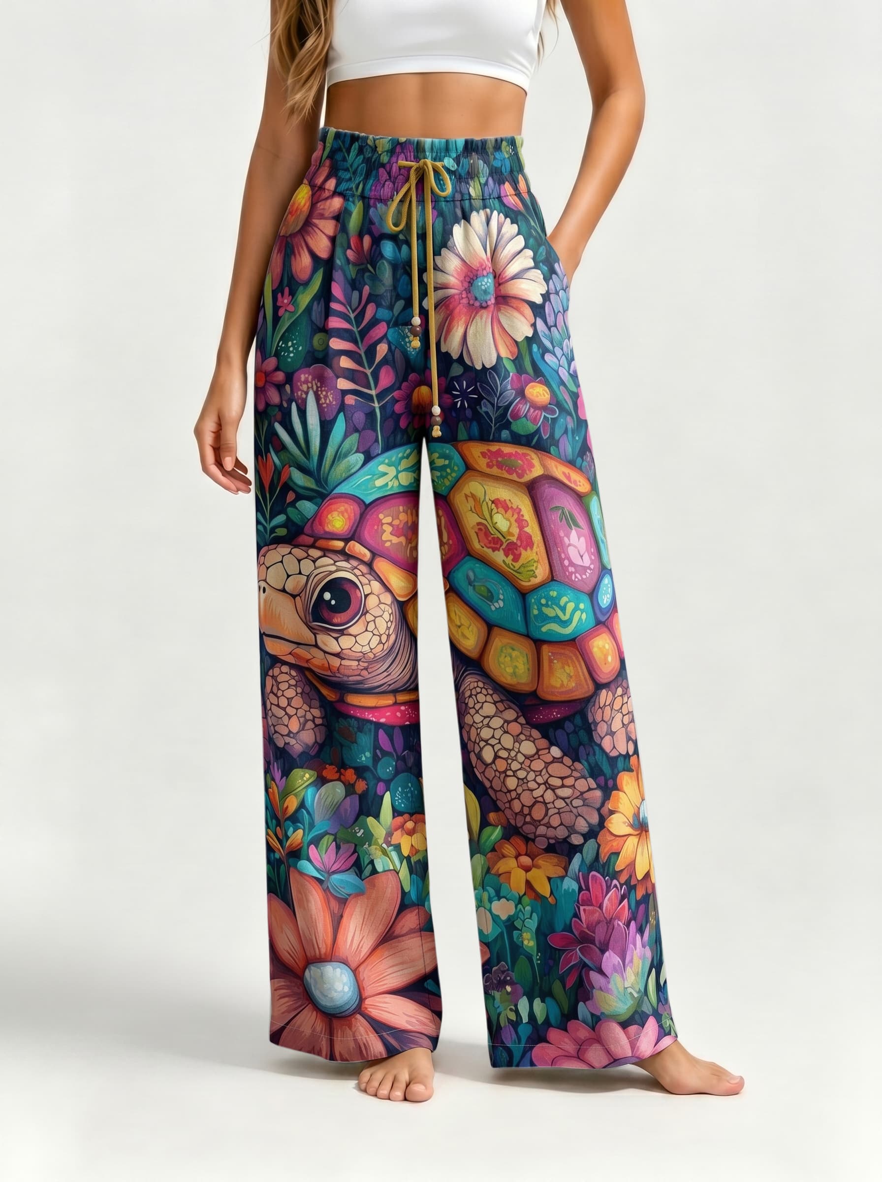 Colorful Turtle Wildflower Art Print Drawstring Wide Leg Trousers
