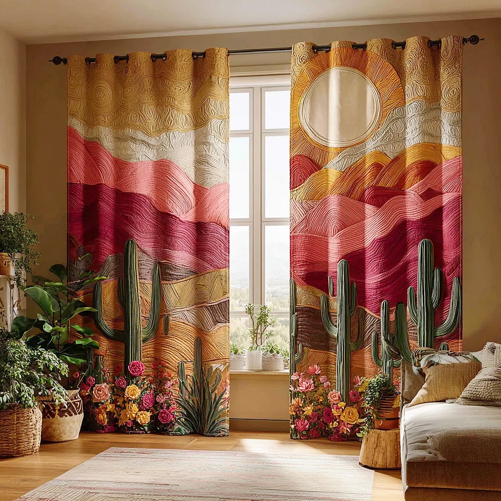 Pastel Desert Cactus & Floral Embroidered Knitwear Quilted Curtains