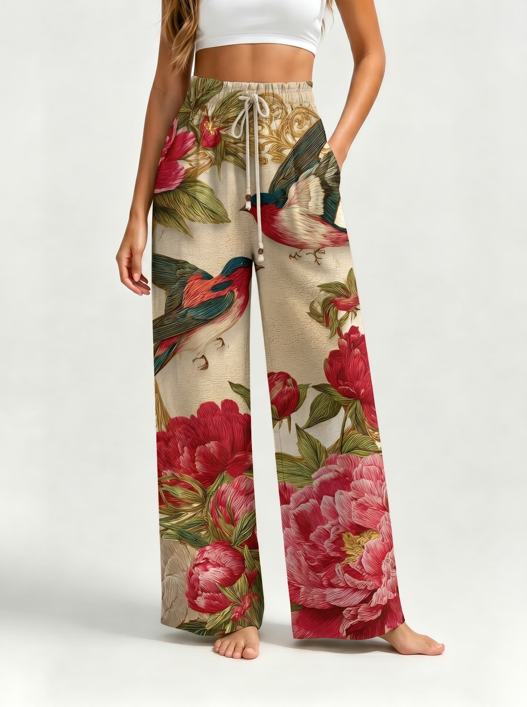 Vintage Swallow Peony Floral Drawstring Wide Leg Trousers
