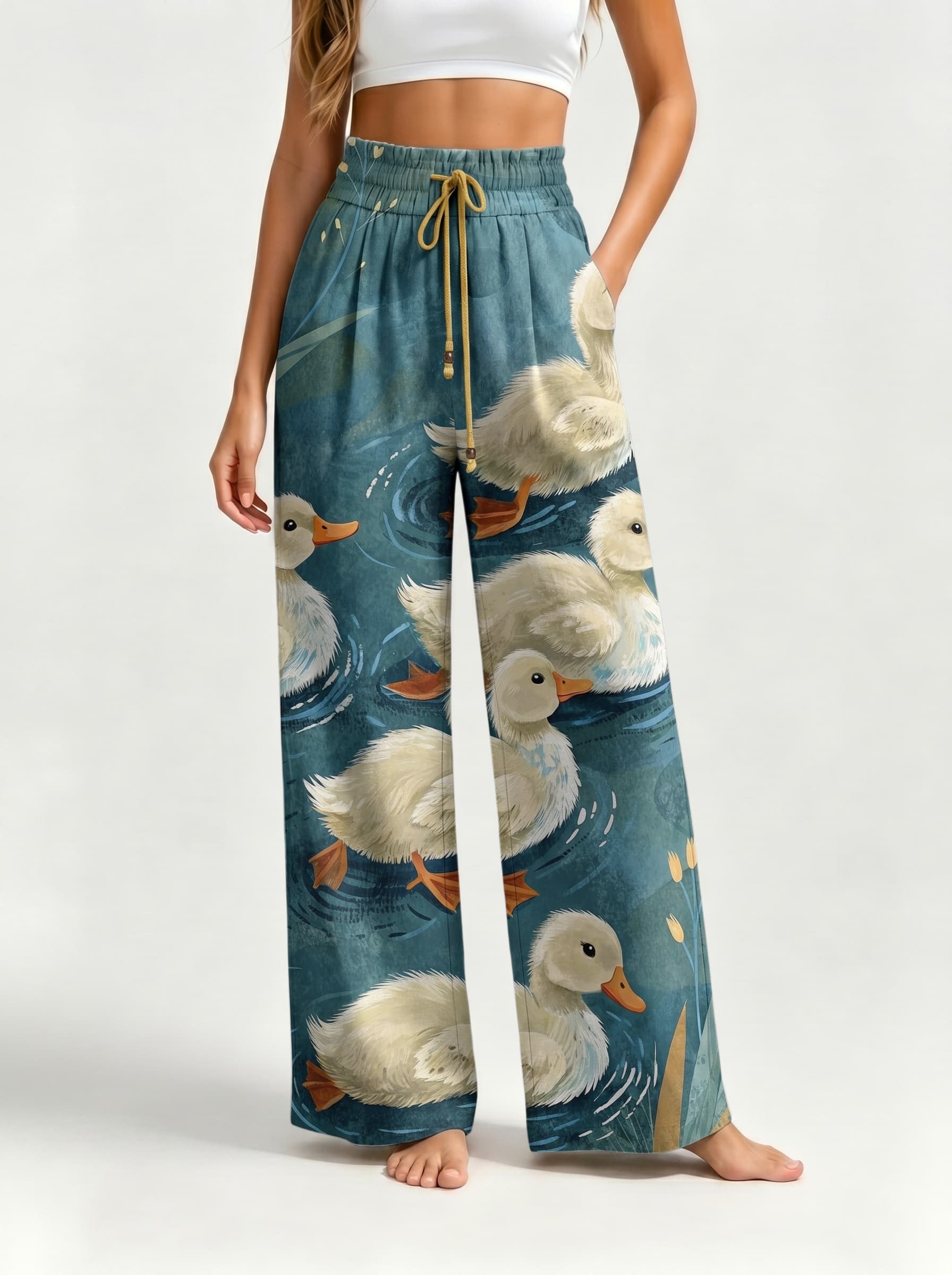 Cute Duckling Lake Print Drawstring Wide Leg Trousers