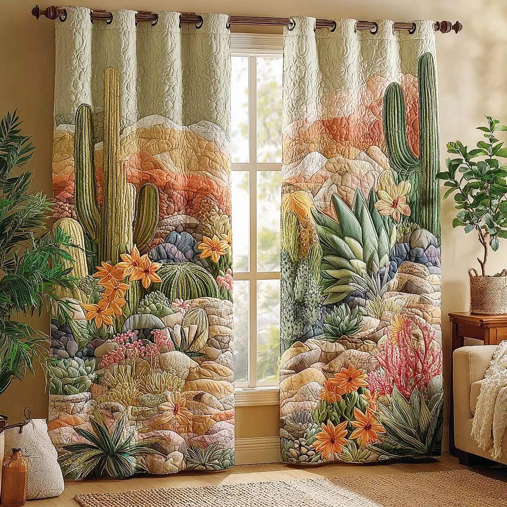 Vibrant Desert Cactus & Succulent Embroidered Knitwear Quilted Curtains