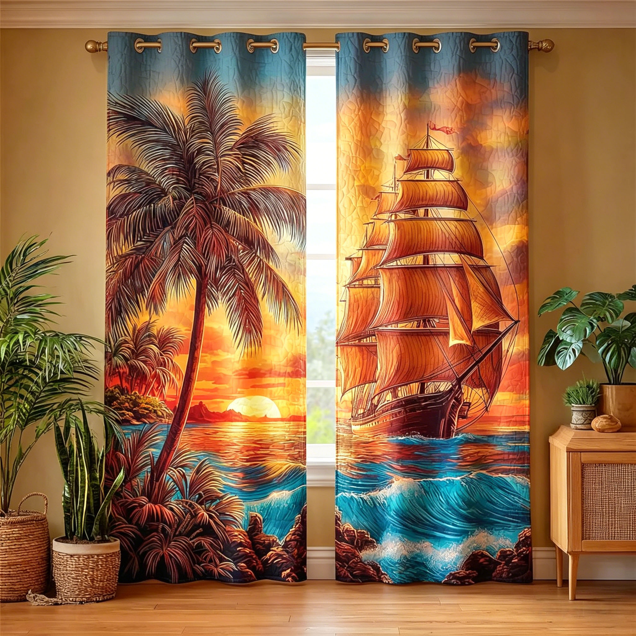 Tropical Sunset Sailboat Embroidered Knitwear Quilting Curtains