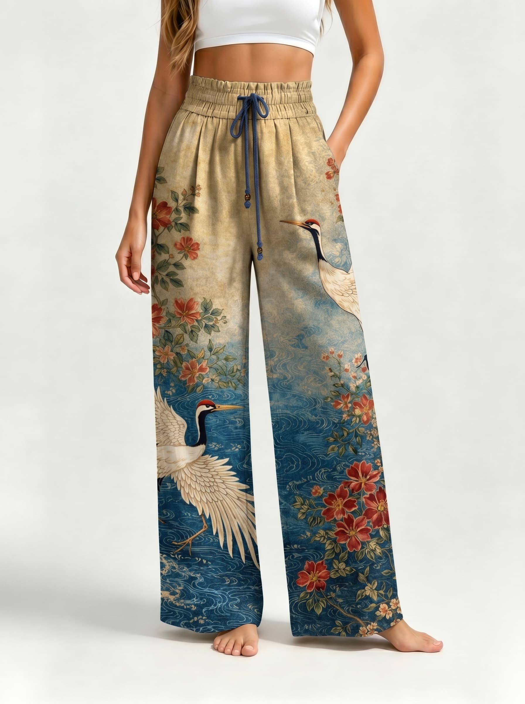 Vintage Red-Crowned Crane Floral Print Drawstring Wide Leg Trousers