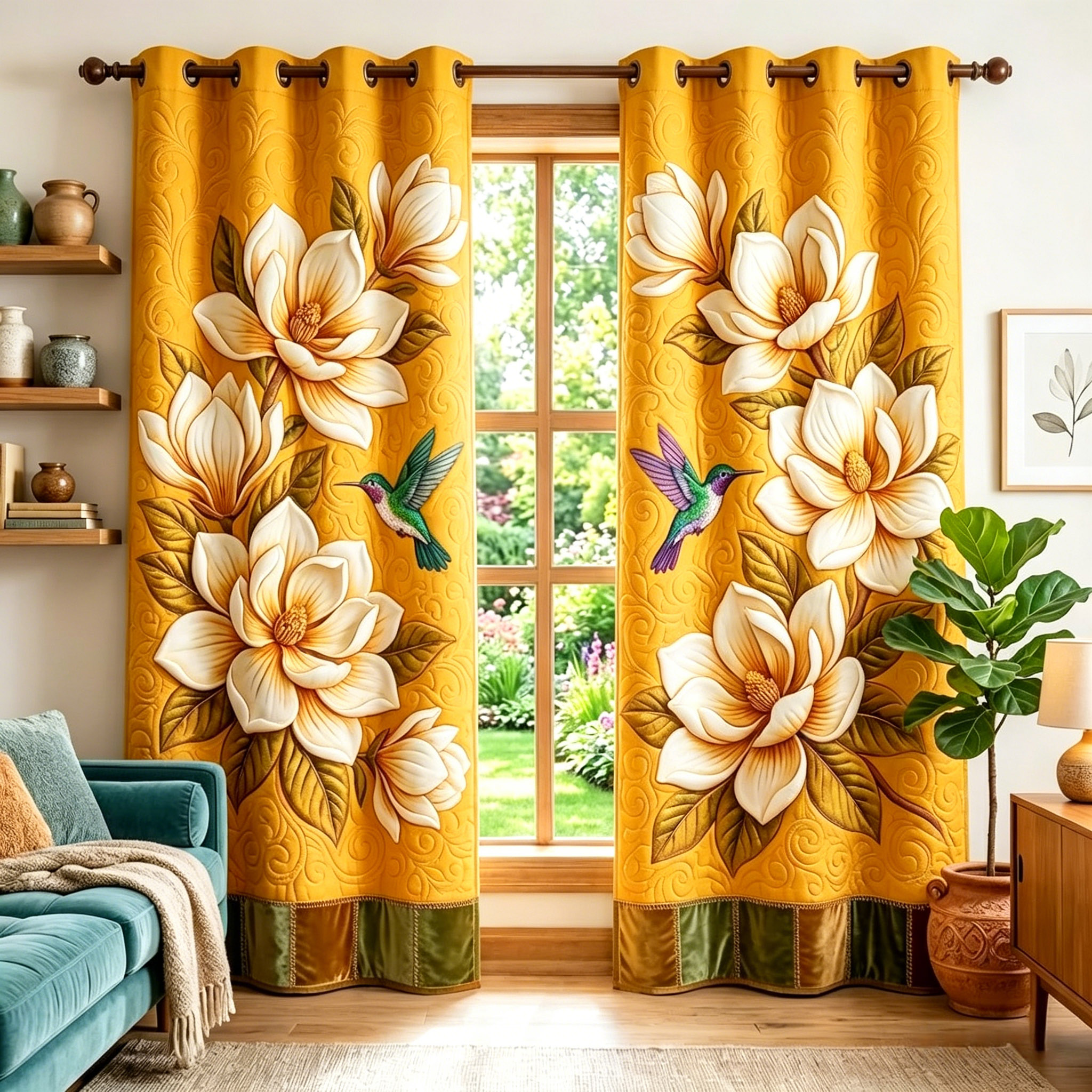 Golden Magnolia Hummingbird Embroidered Knitwear Quilting Curtains