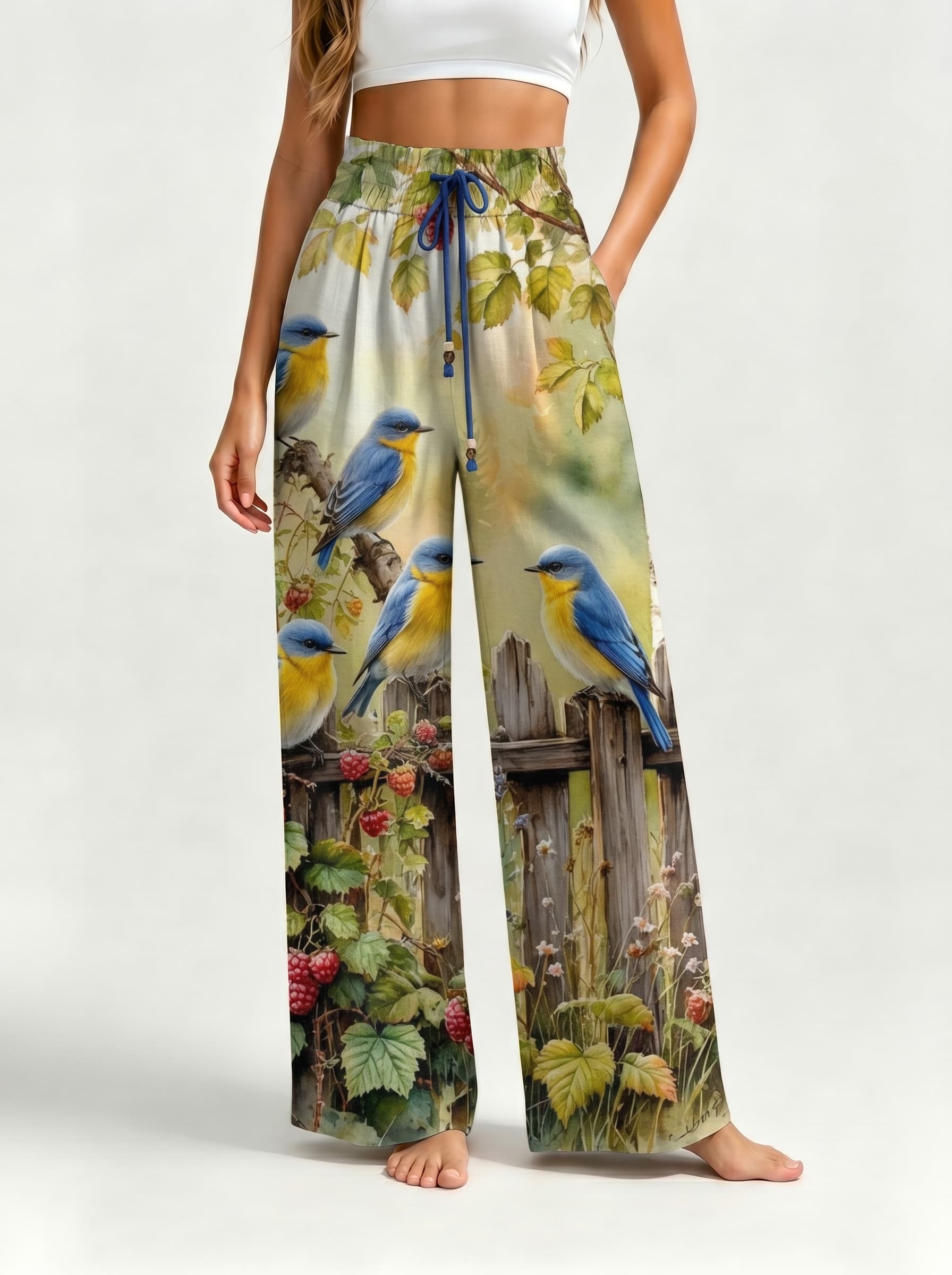 Garden Blue Bird Raspberry Fence Watercolor Print Drawstring Wide Leg Trousers