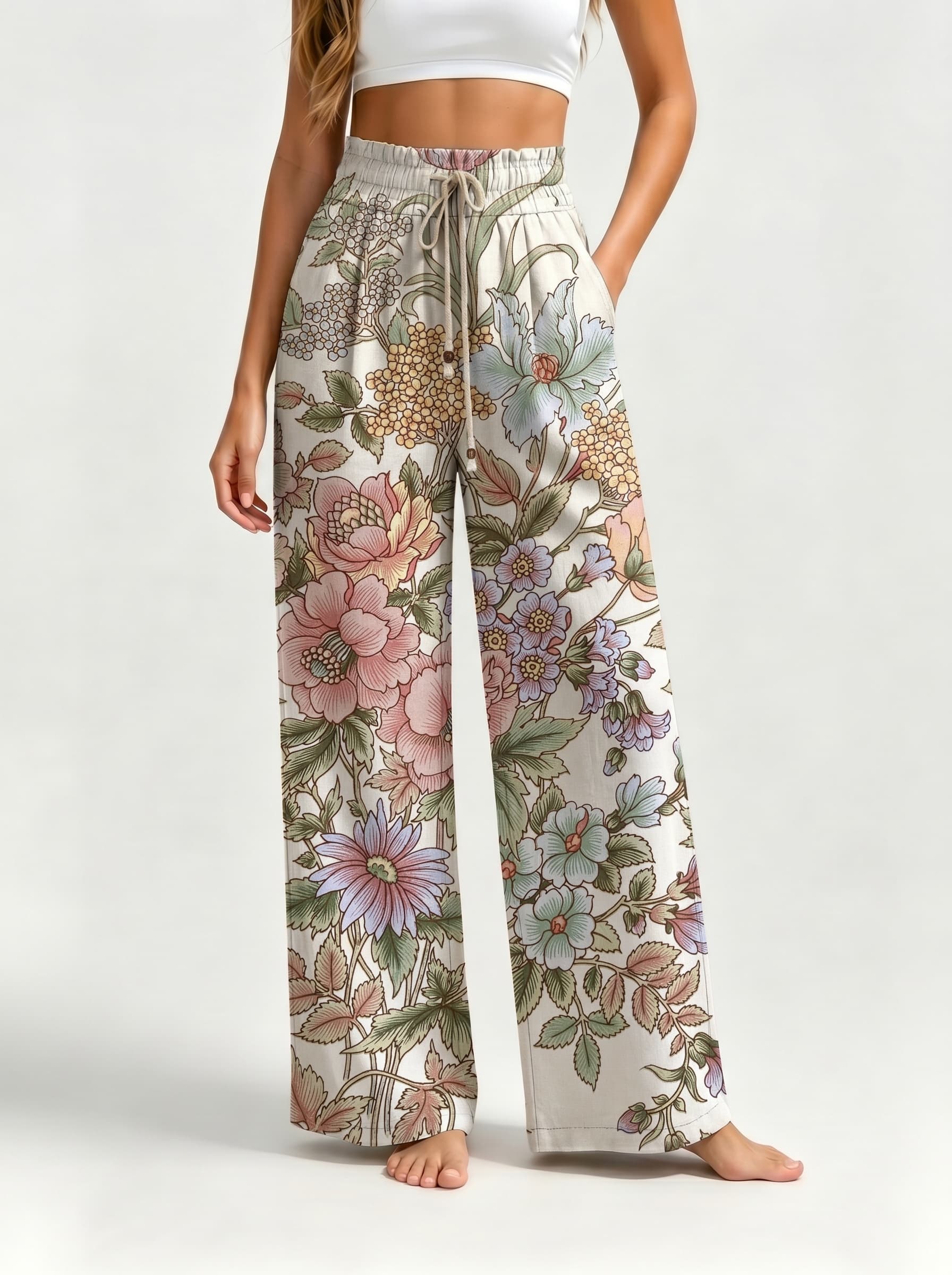 Vintage Soft Mixed Floral Botanical Print Drawstring Wide Leg Trousers