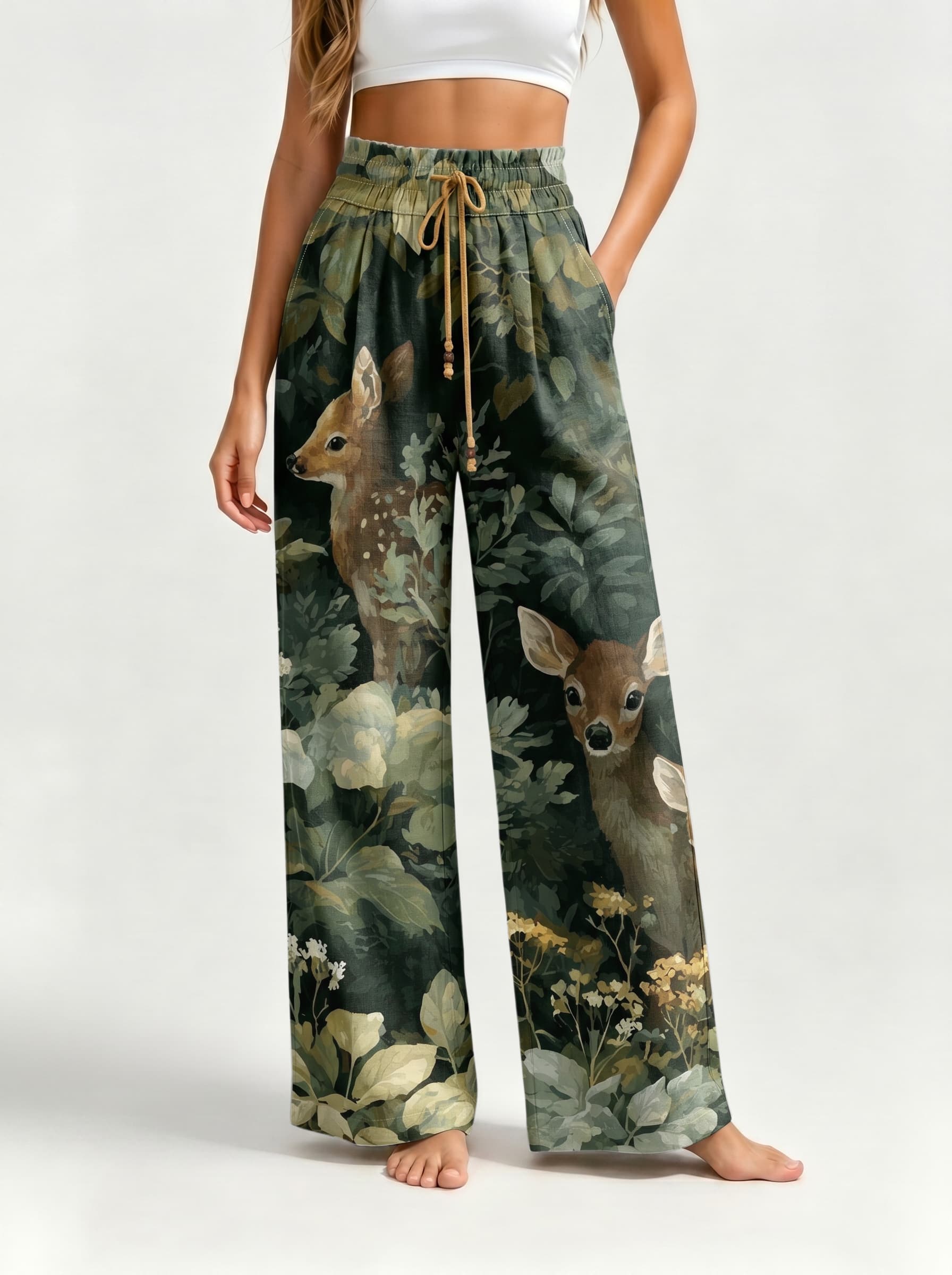 Dark Green Forest Fawn Wildlife Oil Painting Drawstring Wide Leg Trousers