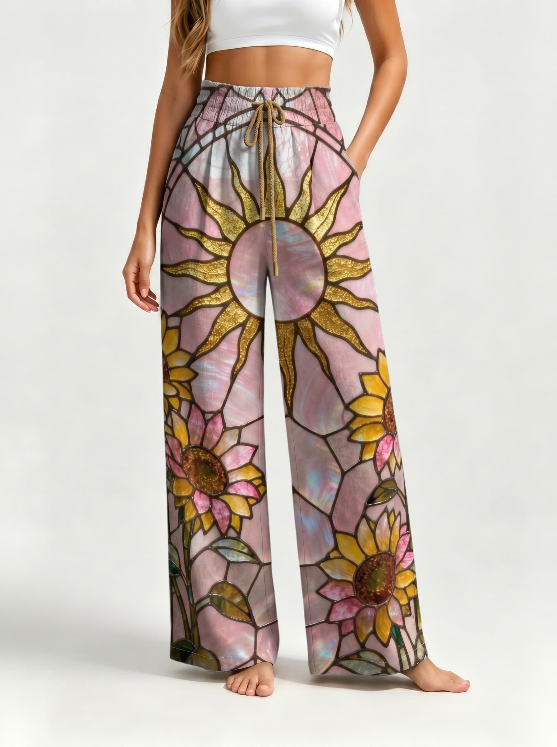 Pink Stained Glass Sunflower Art Print Drawstring Wide Leg Trousers