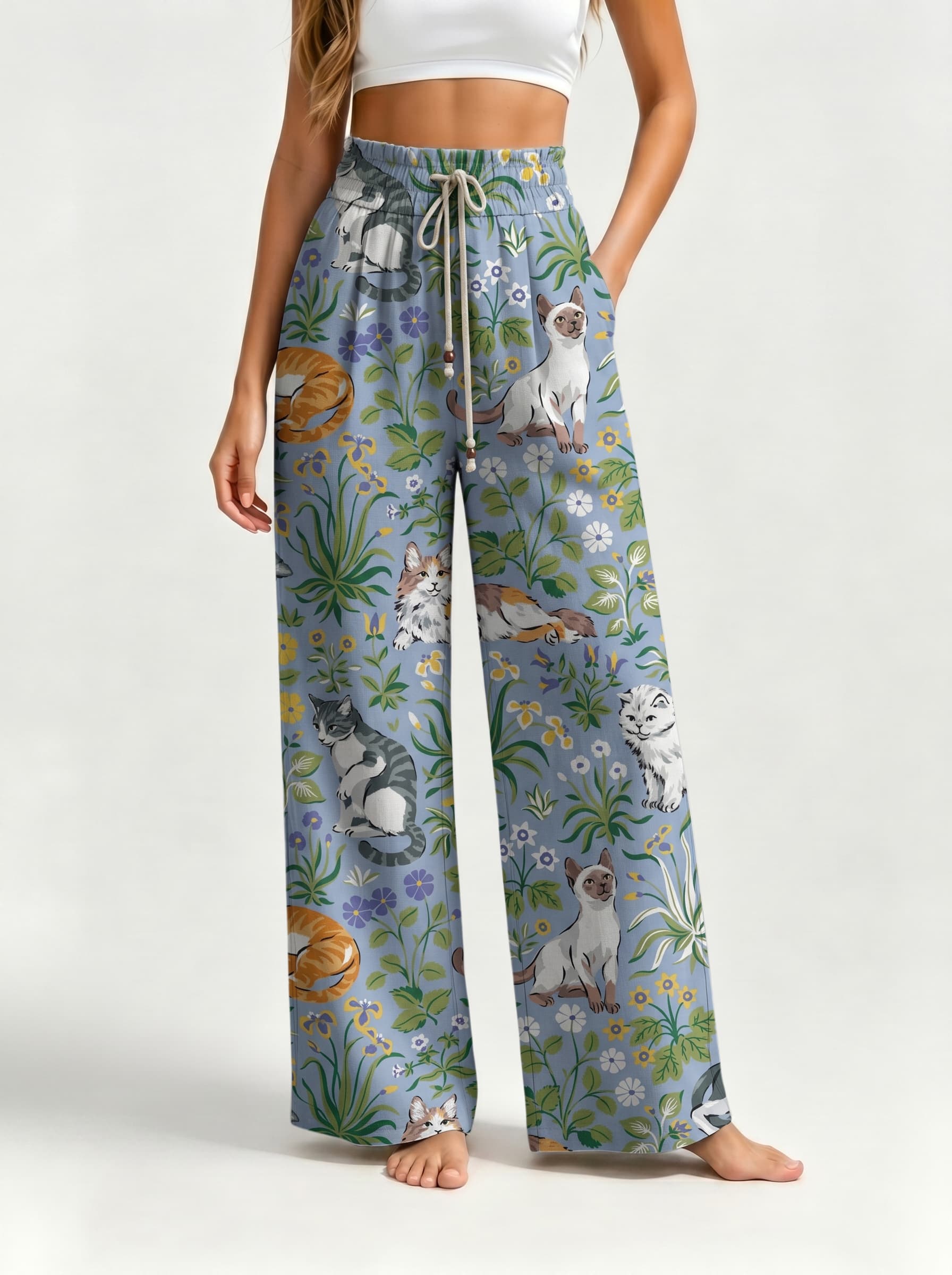 Light Blue Cat Wildflower Cartoon Print Drawstring Wide Leg Trousers