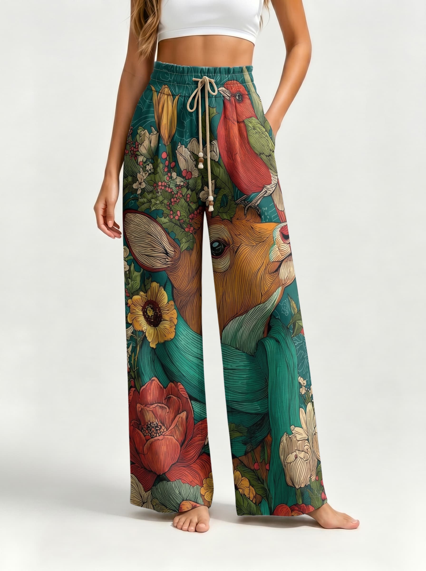 Vintage Red Bird Deer Floral Illustration Drawstring Wide Leg Trousers