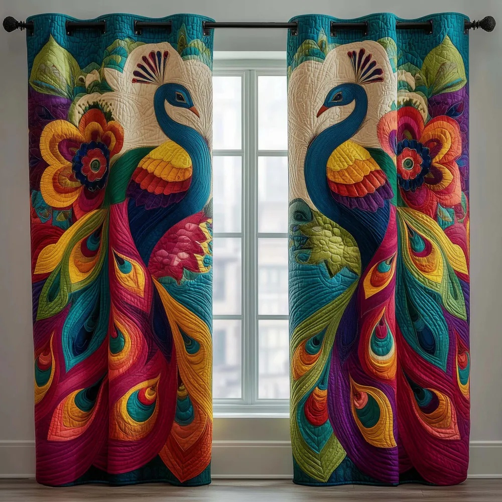 Vibrant Peacock & Tropical Floral Embroidered Knitwear Quilted Curtains