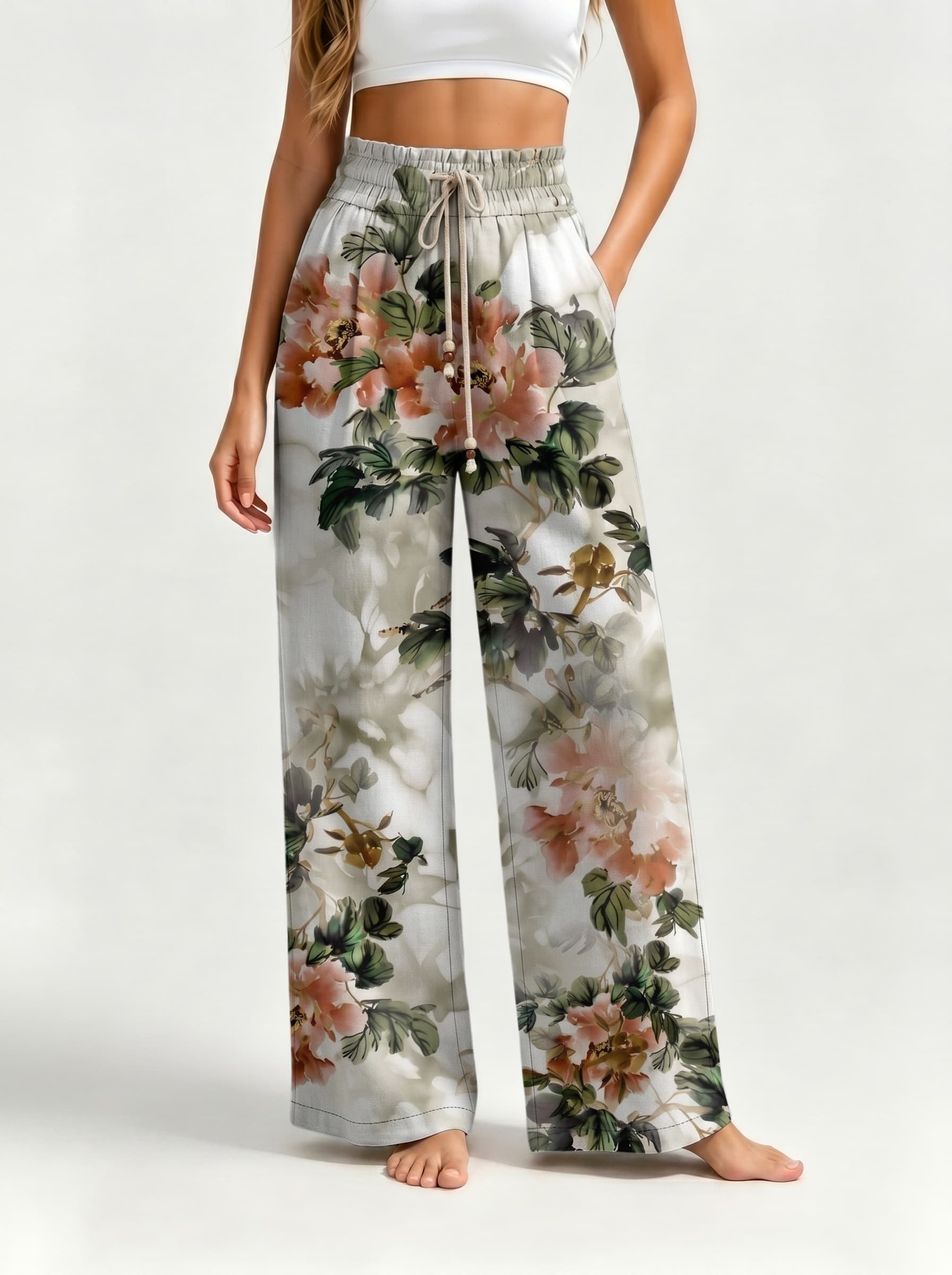 Ink Wash Peony Floral Print Drawstring Wide Leg Trousers