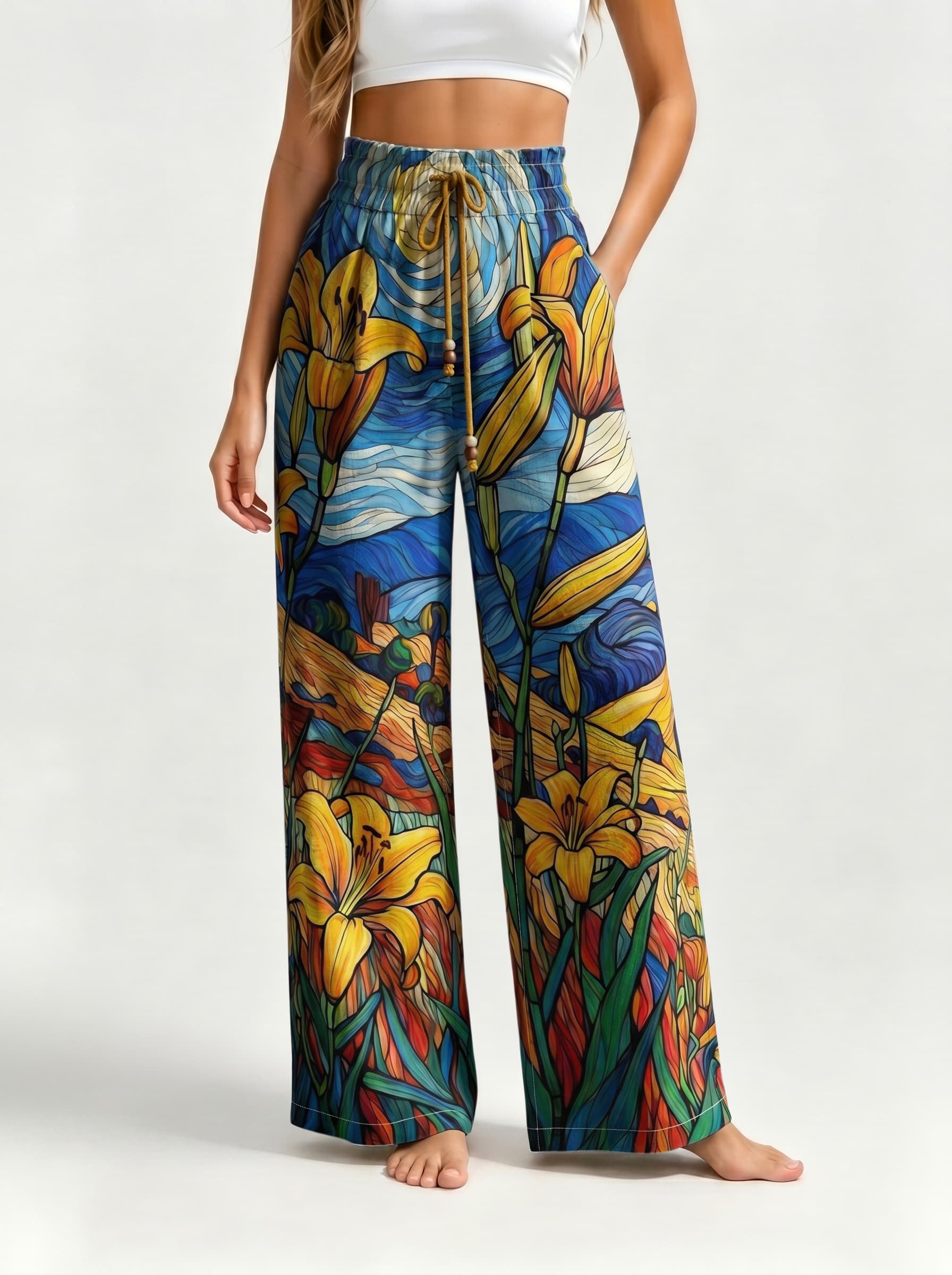Van Gogh Style Stained Glass Lily Art Drawstring Wide Leg Trousers