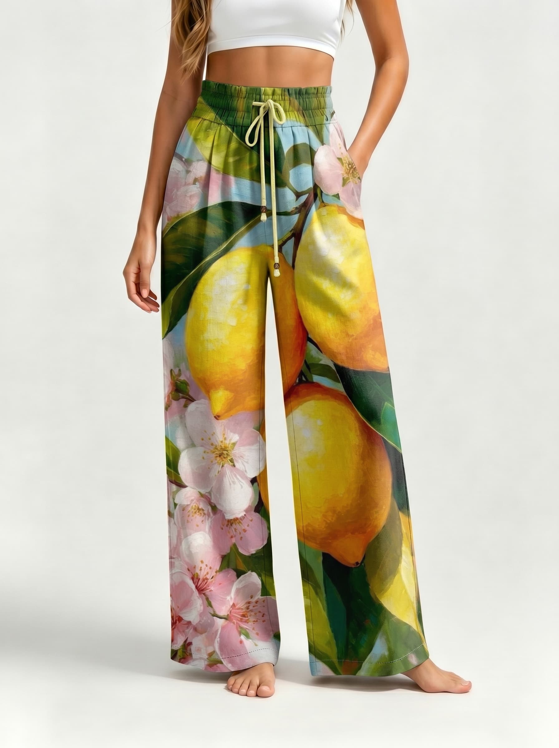 Lemon Cherry Blossom Oil Painting Drawstring Wide Leg Trousers