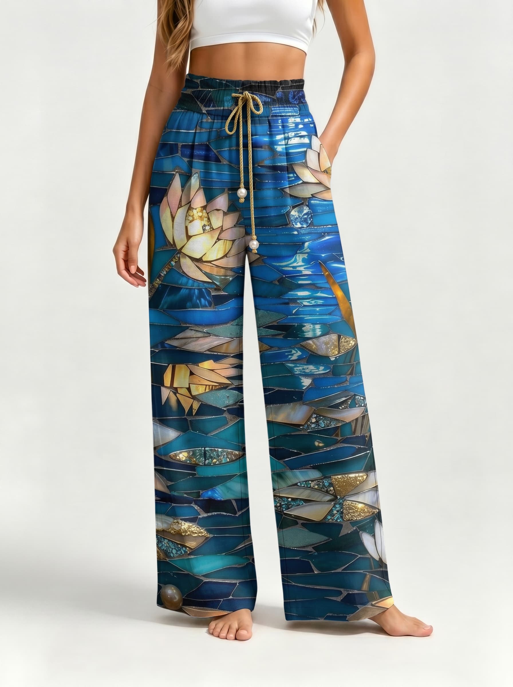Stained Glass Mosaic Lotus Drawstring Wide Leg Trousers