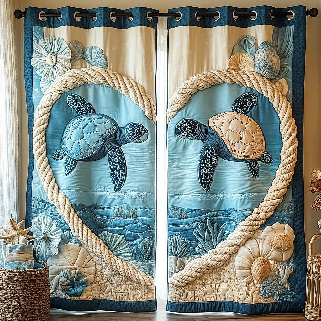 Love Rope-Frame Sea Turtle & Coastal Embroidered Knitwear Quilted Curtains