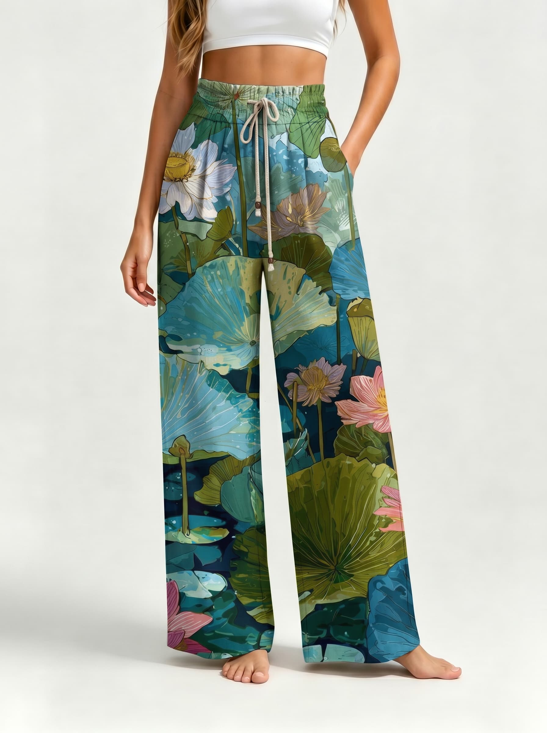 Watercolor Lotus Pond Print Drawstring Wide Leg Trousers