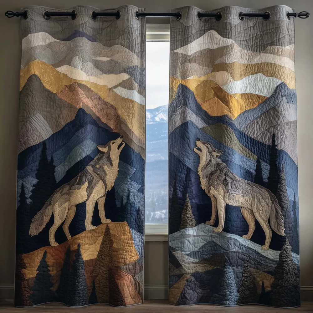 Howling Wolf & Mountain Landscape Embroidered Knitwear Quilted Curtains