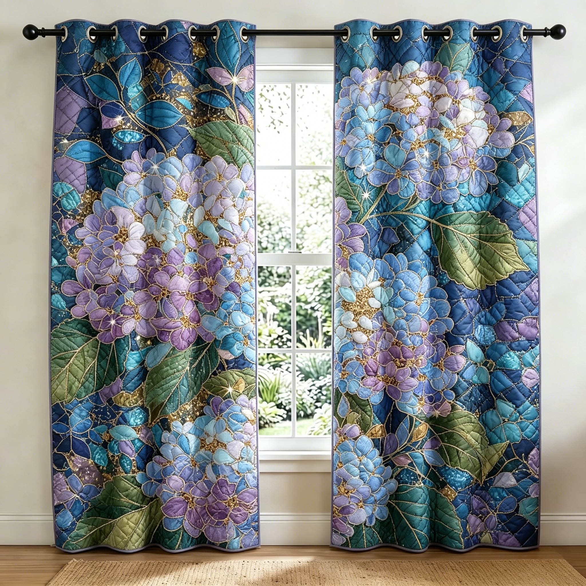 Midnight Hydrangea Blooms Embroidered Knitwear Quilting Curtains