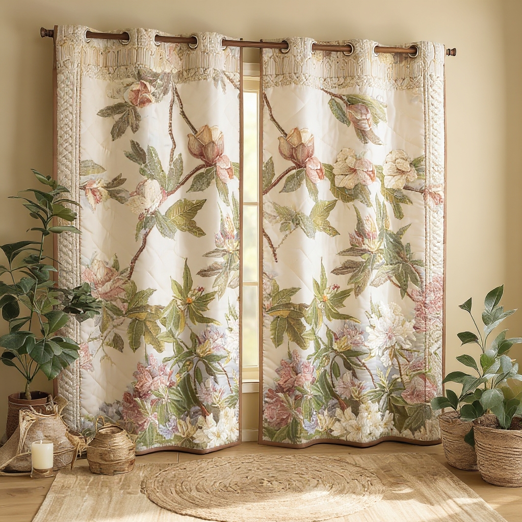 Vintage Magnolia & Floral Garden Embroidered Knitwear Quilted Curtains