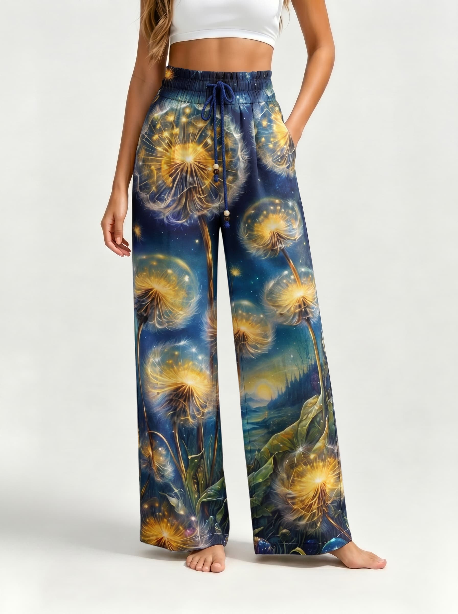 Glowing Dandelion Night Sky Drawstring Wide Leg Trousers