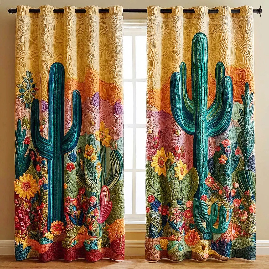 Pastel Desert Cactus & Sunflower Embroidered Knitwear Quilted Curtains