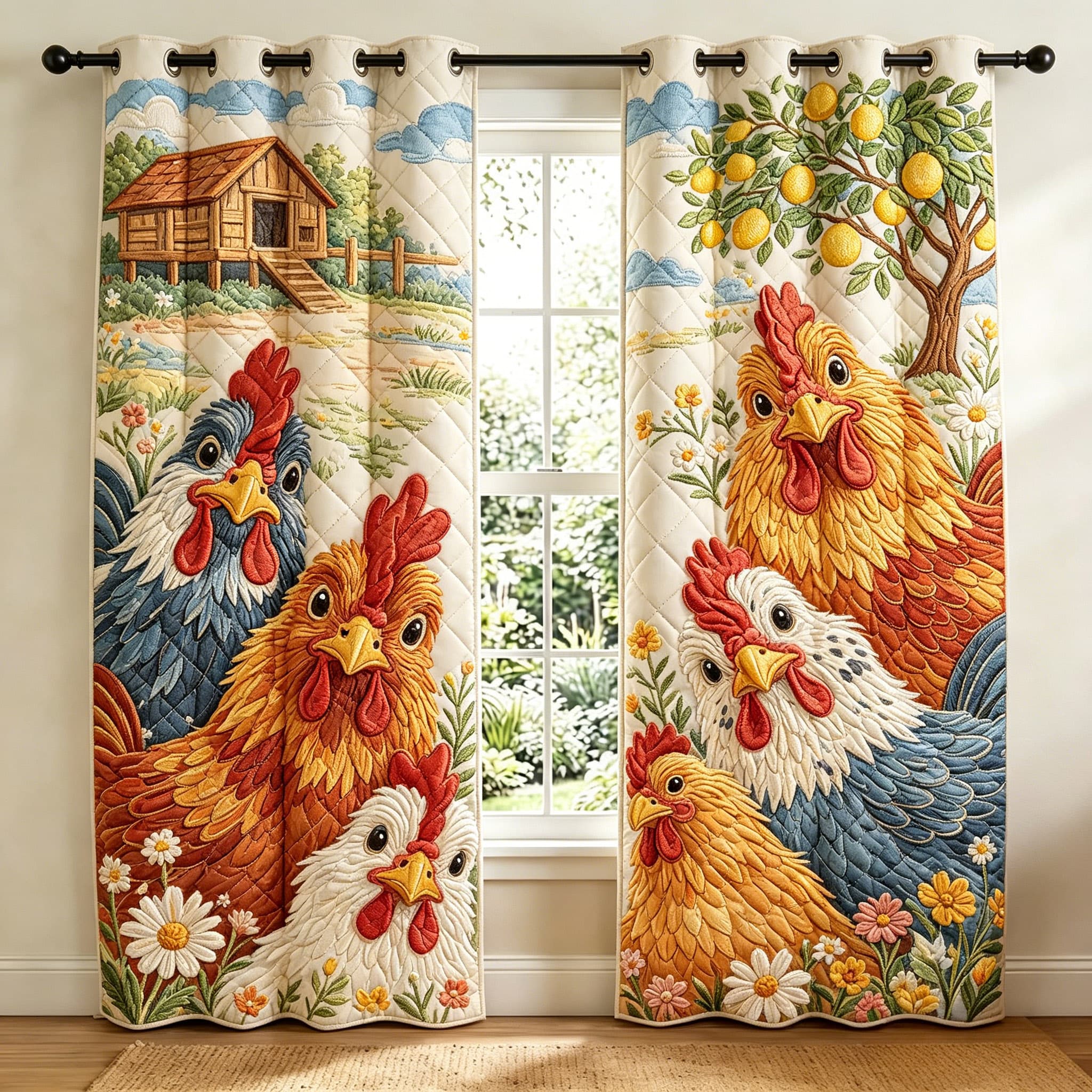 Charming Farm Chickens Embroidered Knitwear Quilting Curtains