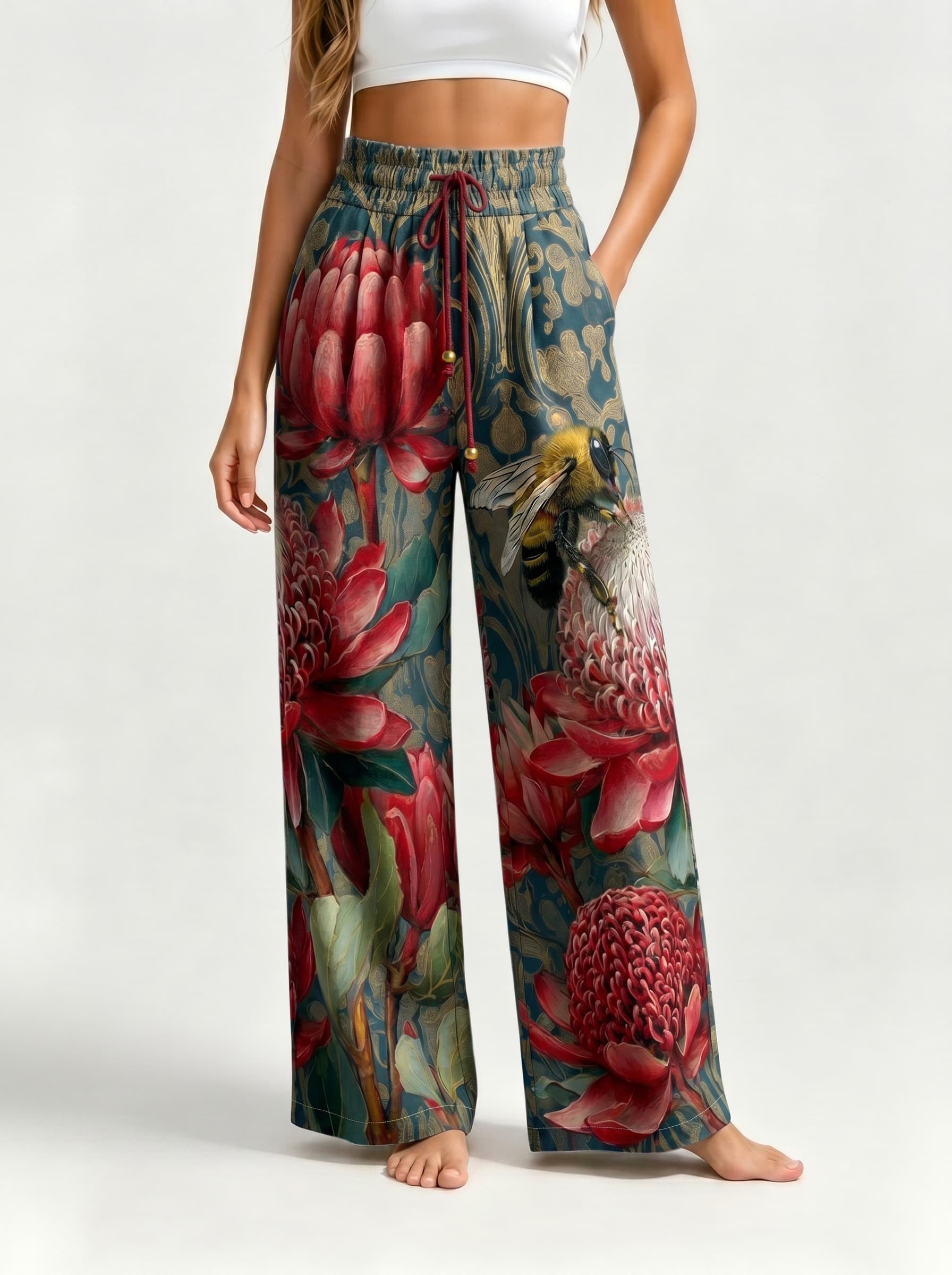 Vintage Protea Bee Floral Drawstring Wide Leg Trousers