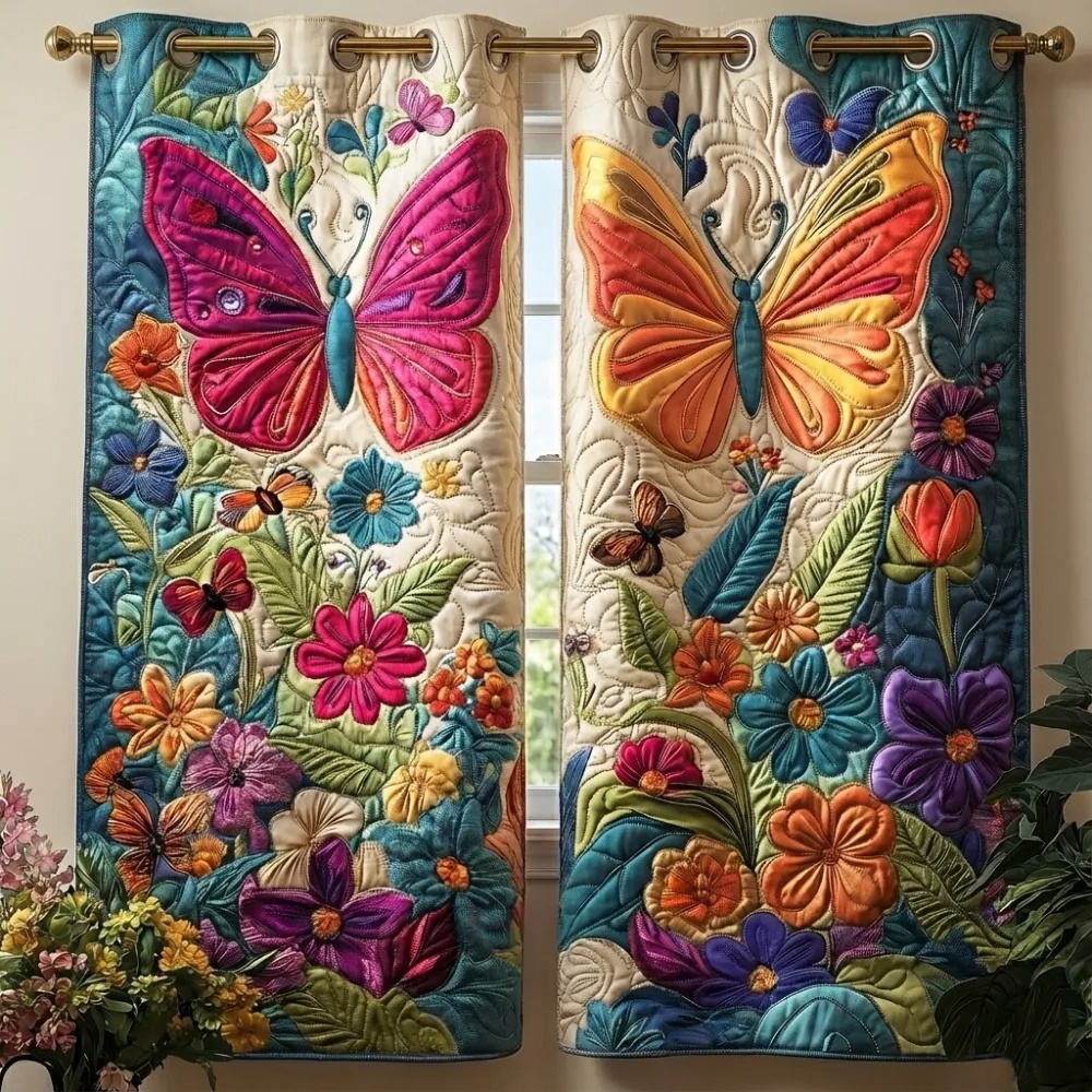 Colorful Butterfly & Tropical Floral Embroidered Knitwear Quilted Curtains