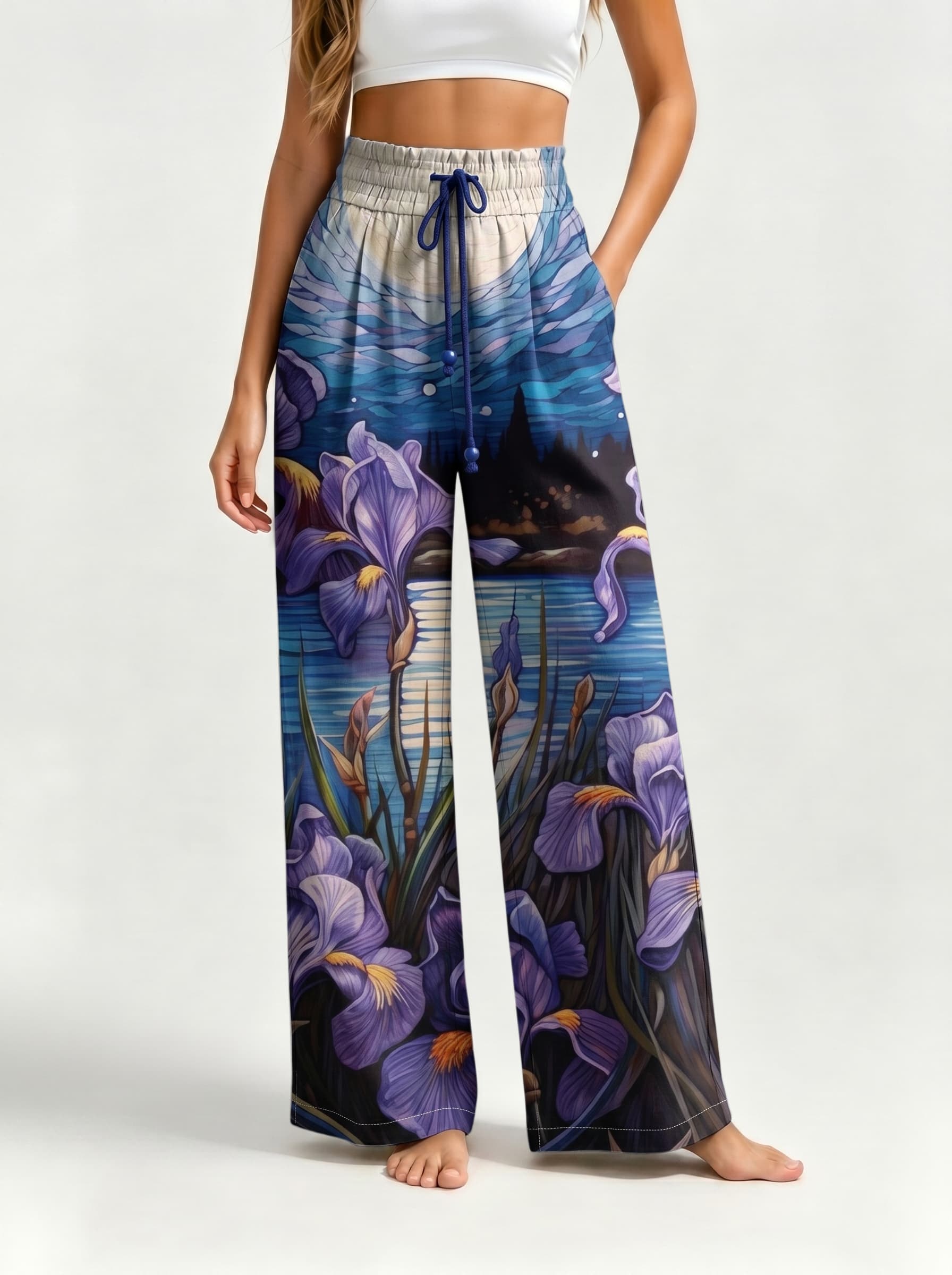 Moonlight Iris Lake Art Drawstring Wide Leg Trousers