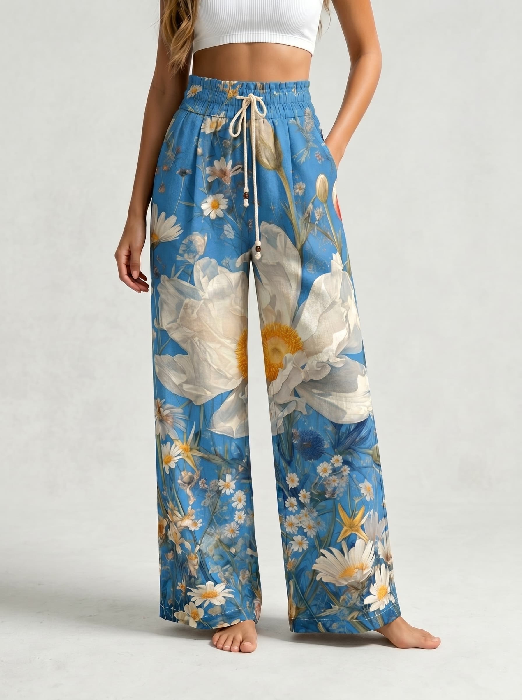 Blue Sky Wild Daisy Floral Drawstring Wide Leg Trousers
