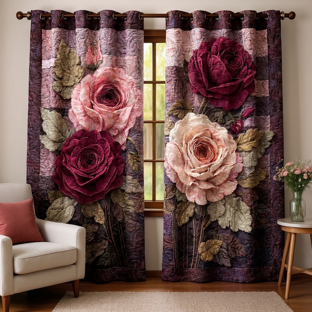 Vintage Patchwork Roses Embroidered Knitwear Quilted Curtains