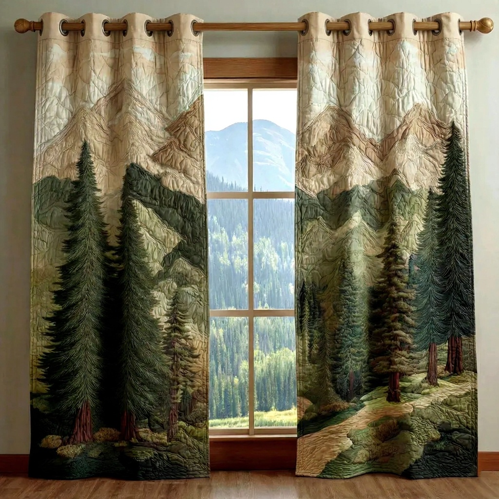 Pine Trees & Mountain Range Embroidered Knitwear Quilted Curtains