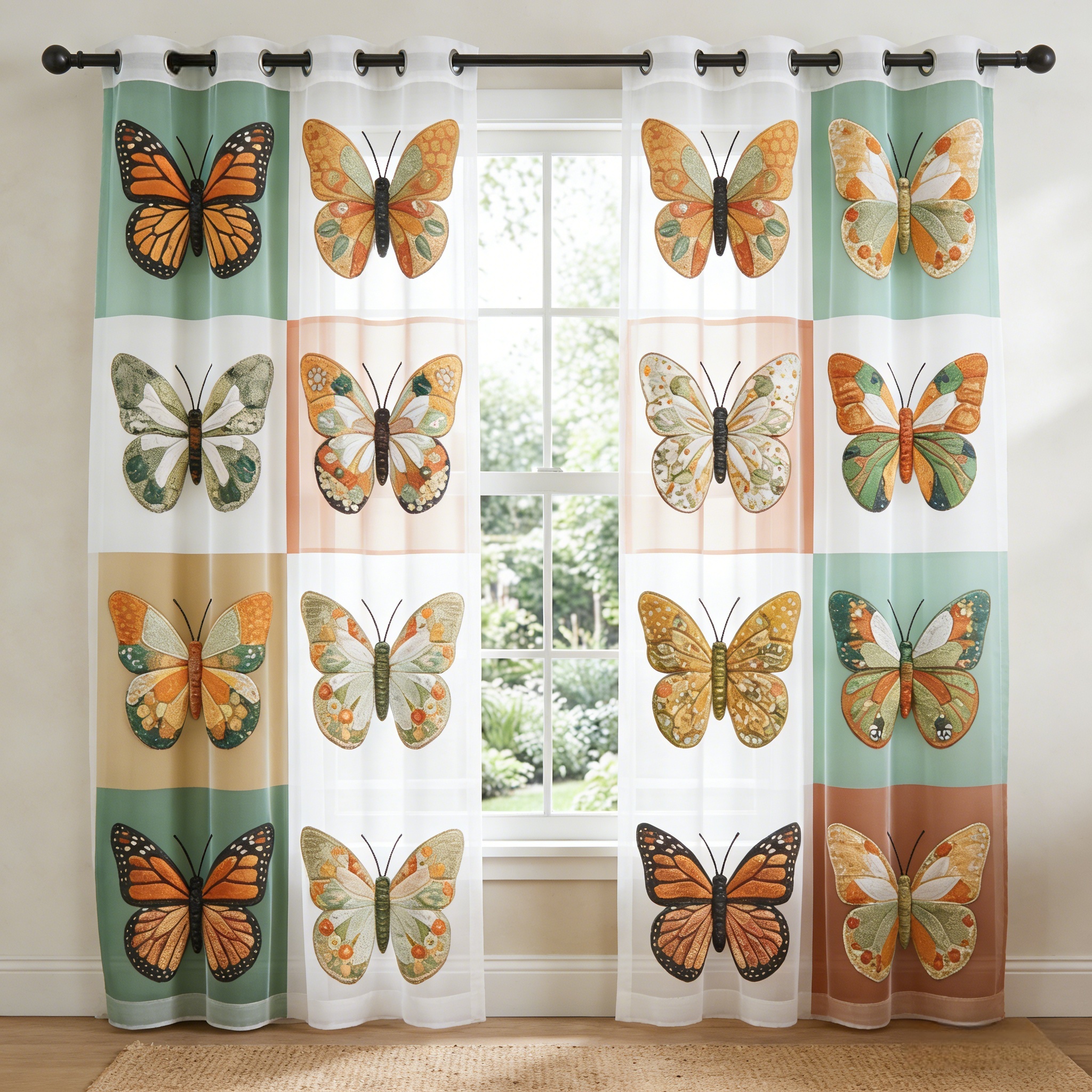 Earthy Color Block Butterfly Garden Embroidered Sheer Curtains