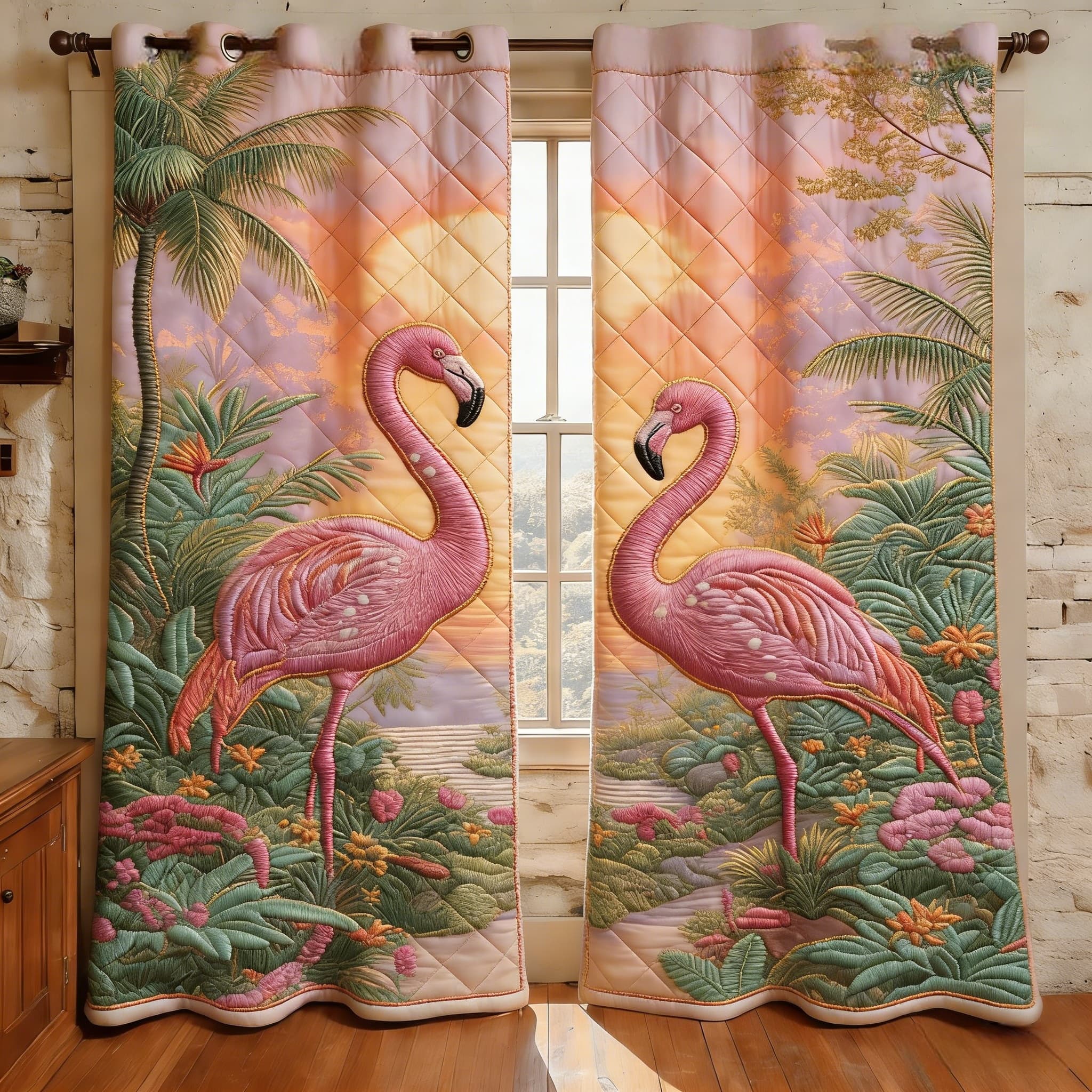 Tropical Flamingo & Sunset Jungle Embroidered Knitwear Quilted Curtains