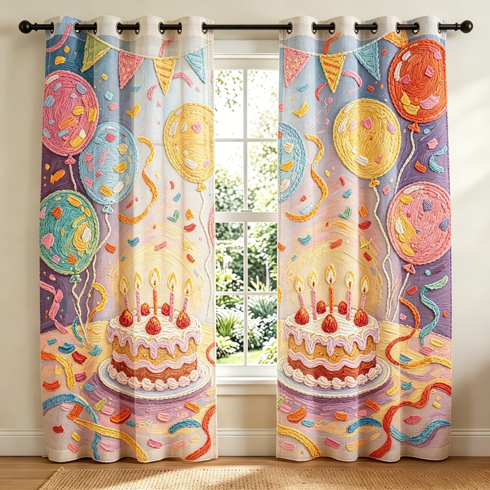 Cake & Balloon Party Embroidered Sheer Curtains