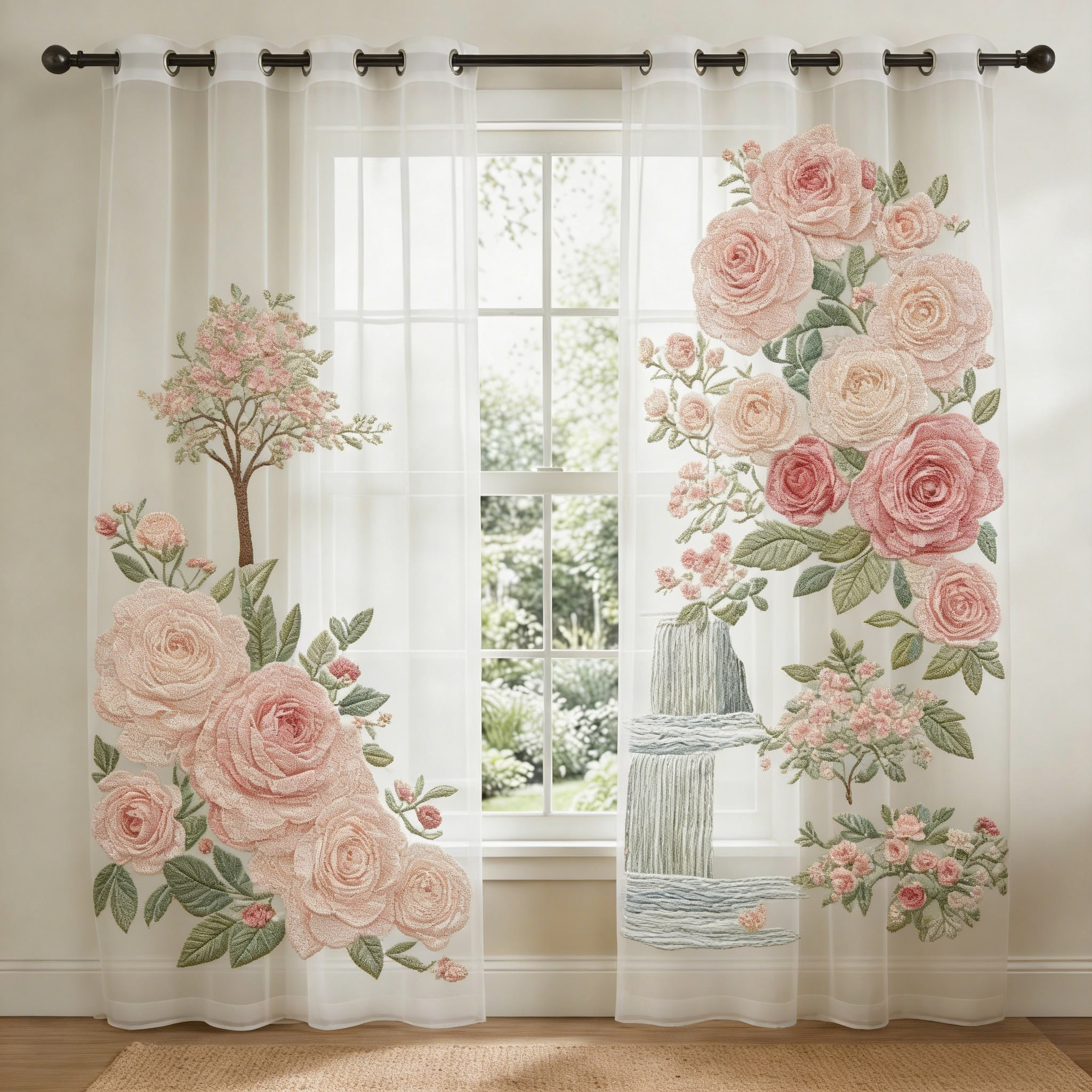 Romantic Rose & Blossom Tree Embroidered Sheer Curtains