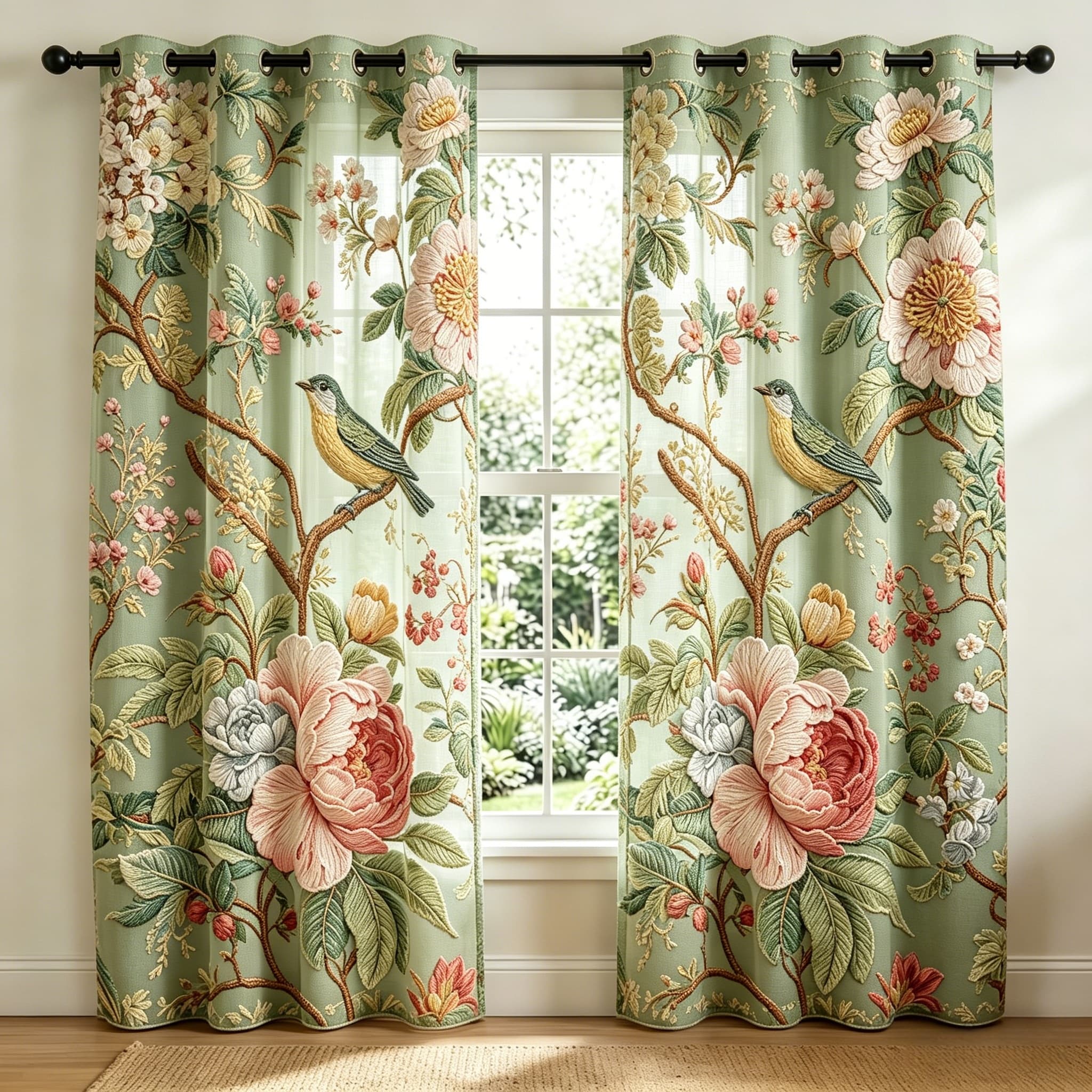 Garden Peony & Songbird Embroidered Sheer Curtains