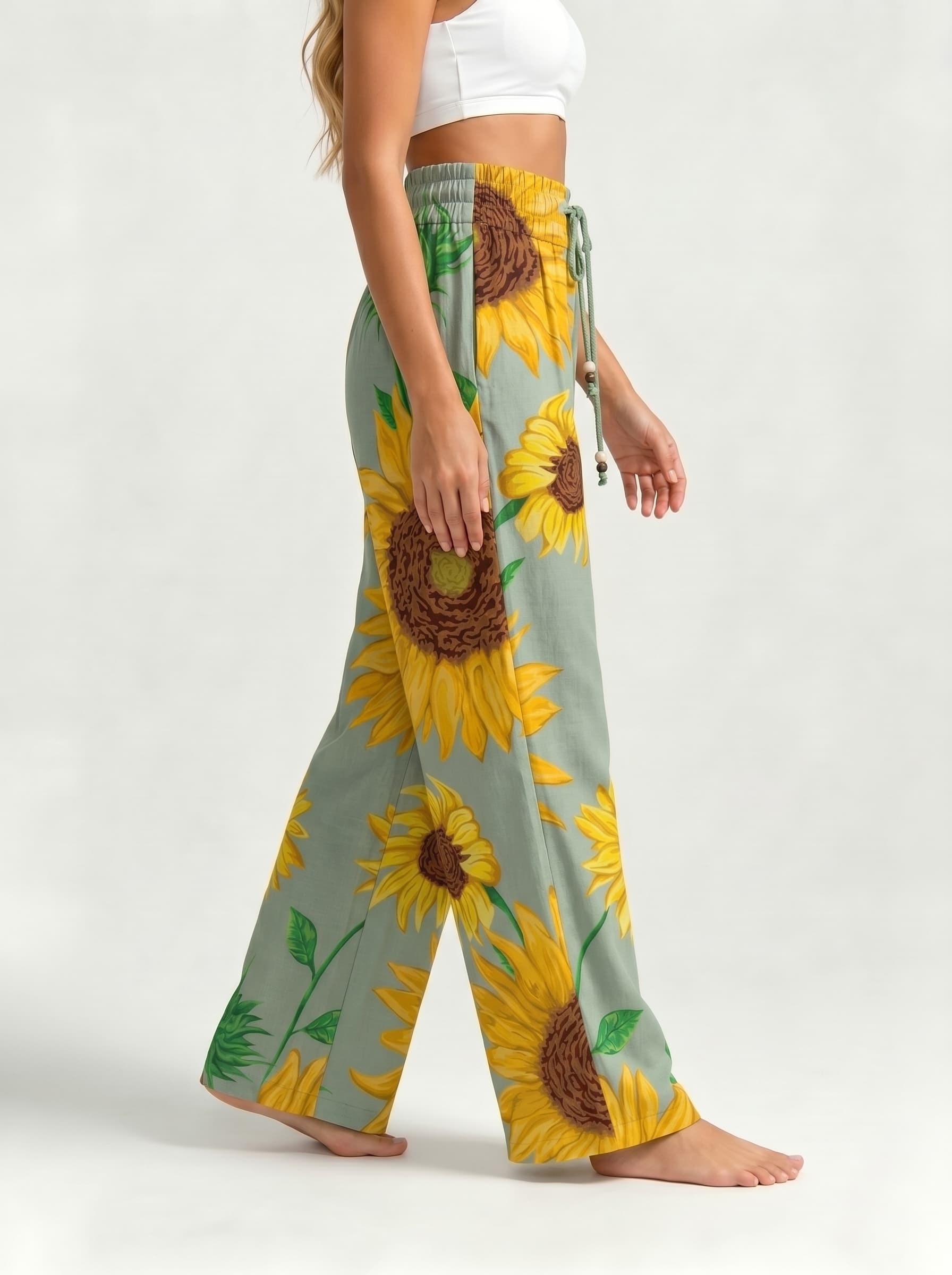 Sage Green Sunflower Oil Painting Drawstring Wide Leg Trousers