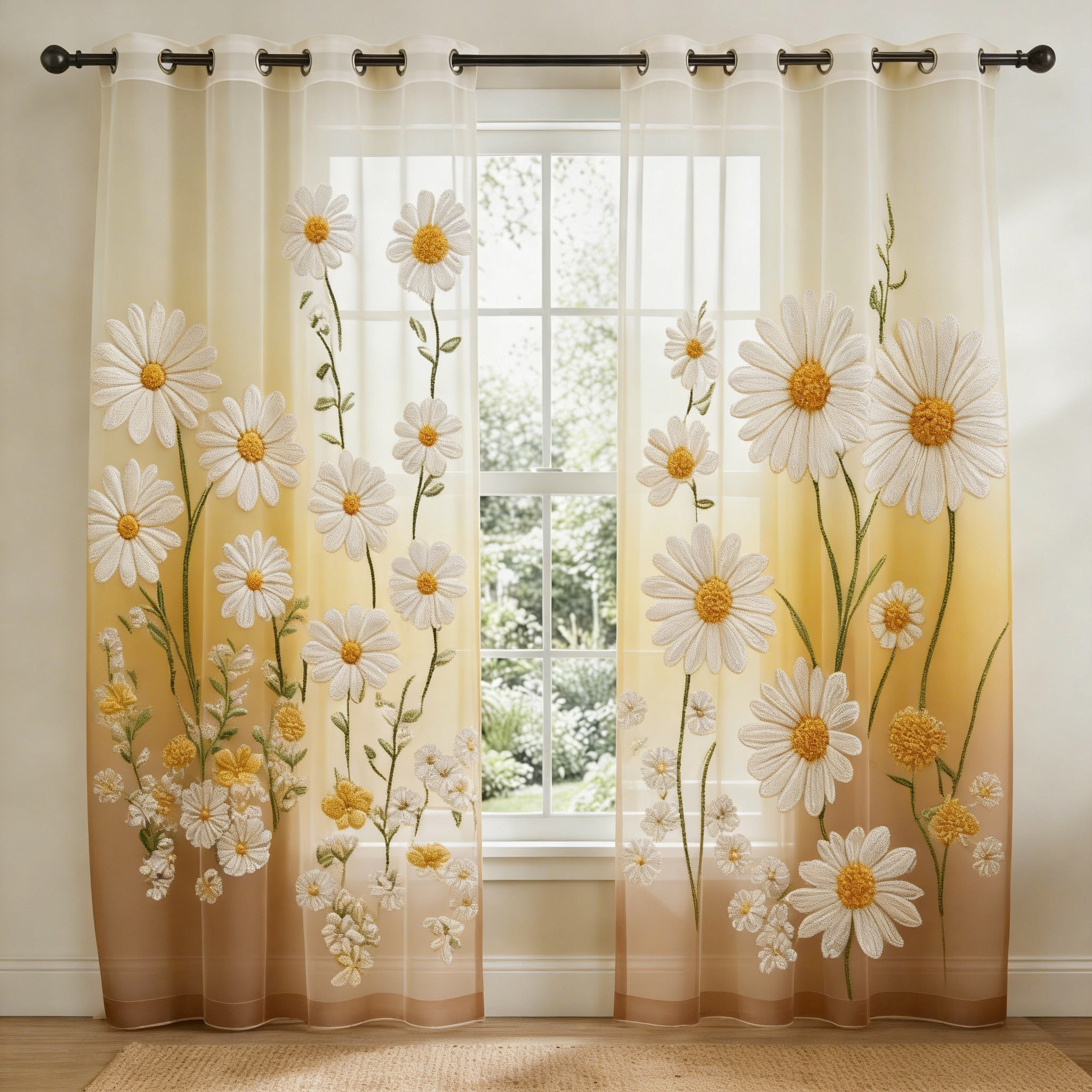 Ombre Daisy Gradient Embroidered Sheer Curtains