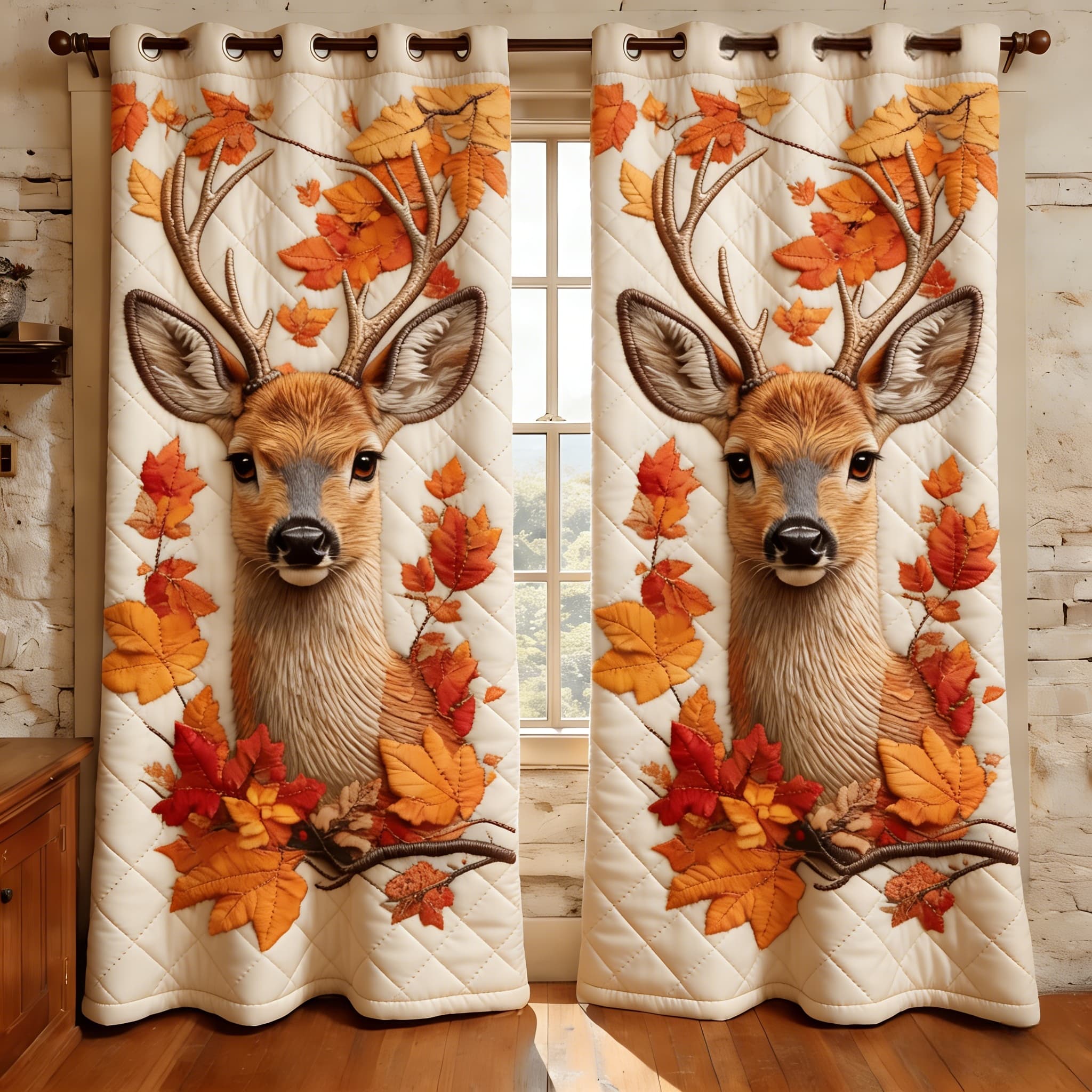 Autumn Deer & Maple Leaf Embroidered Knitwear Quilted Curtains